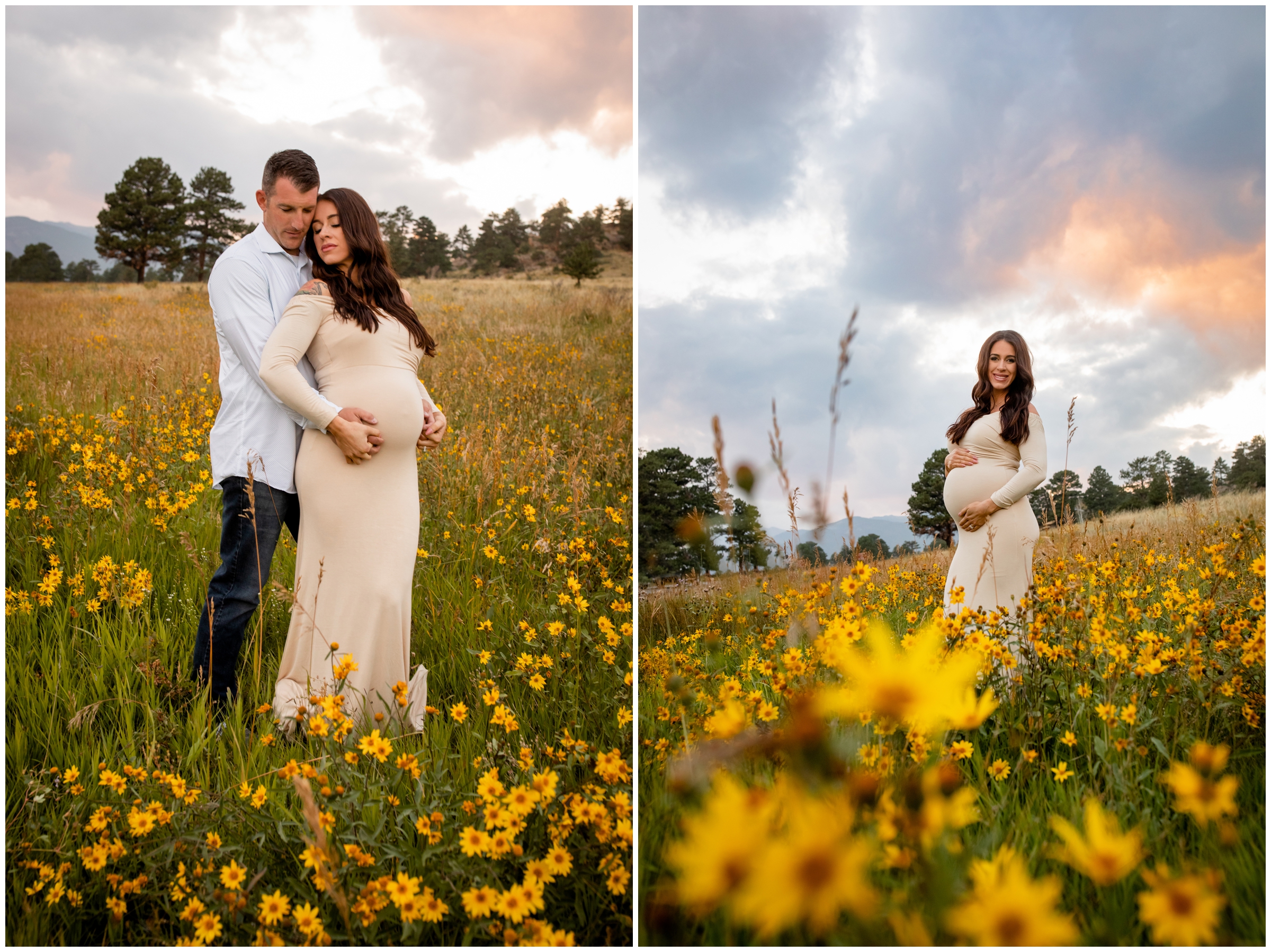 pregnant woman posing in field of wildflowers during Estes Park Colorado maternity photography session by Plum Pretty Photo 