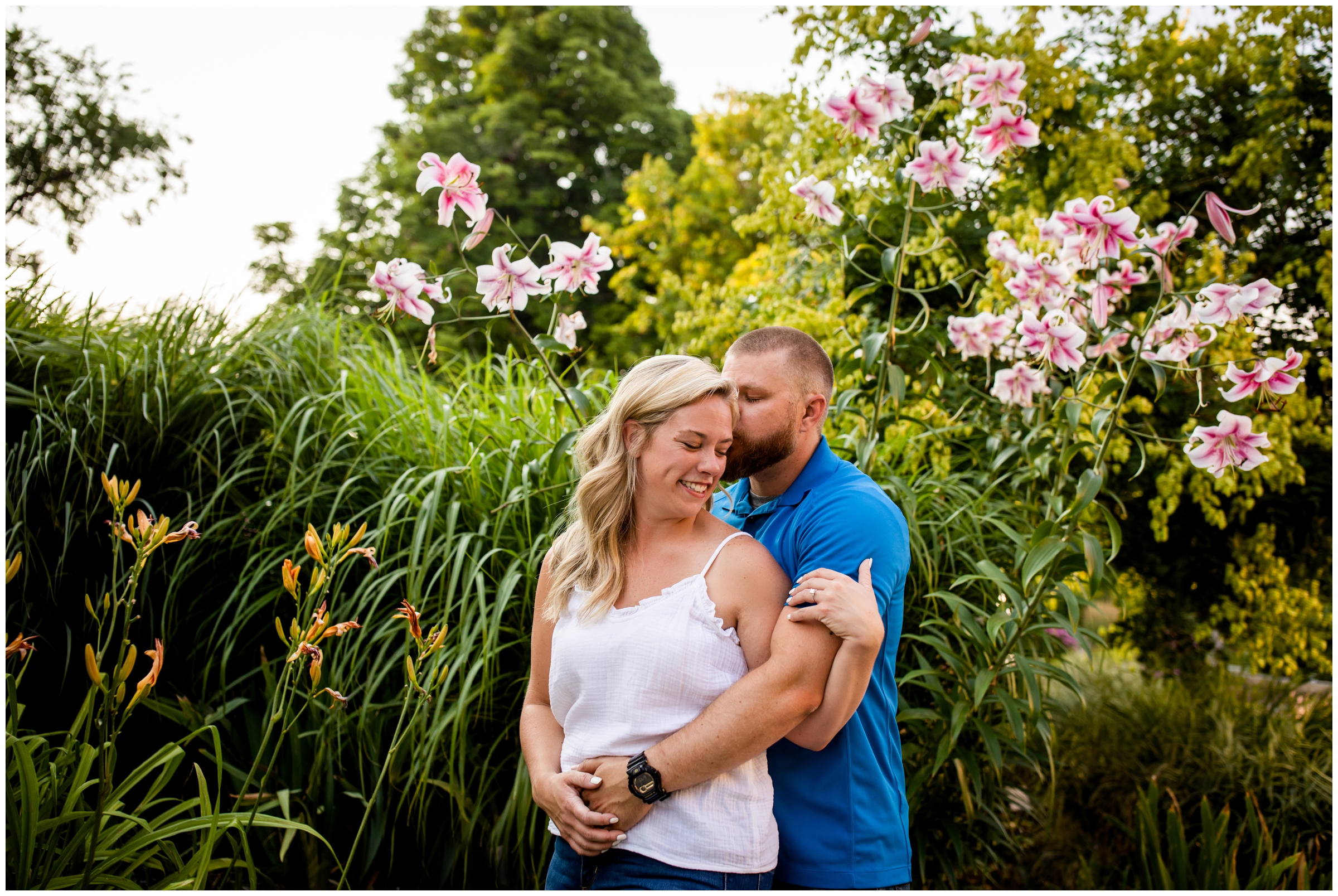 couple embracing during Colorado garden couple's photography session 