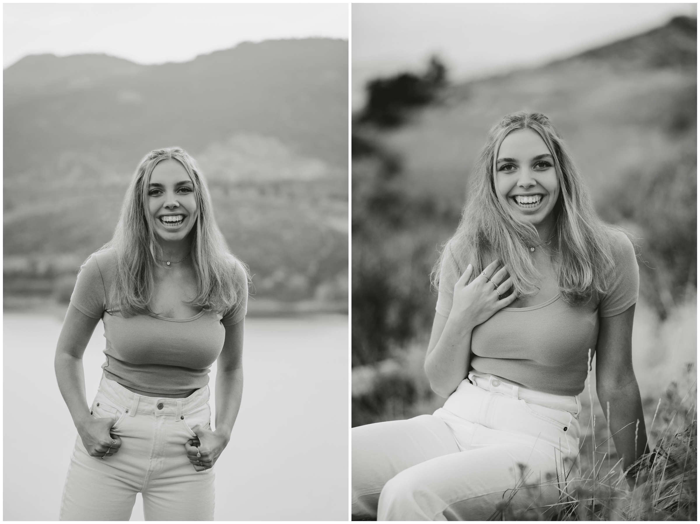 black and white senior portraits at Horsetooth Reservoir in Colorado 