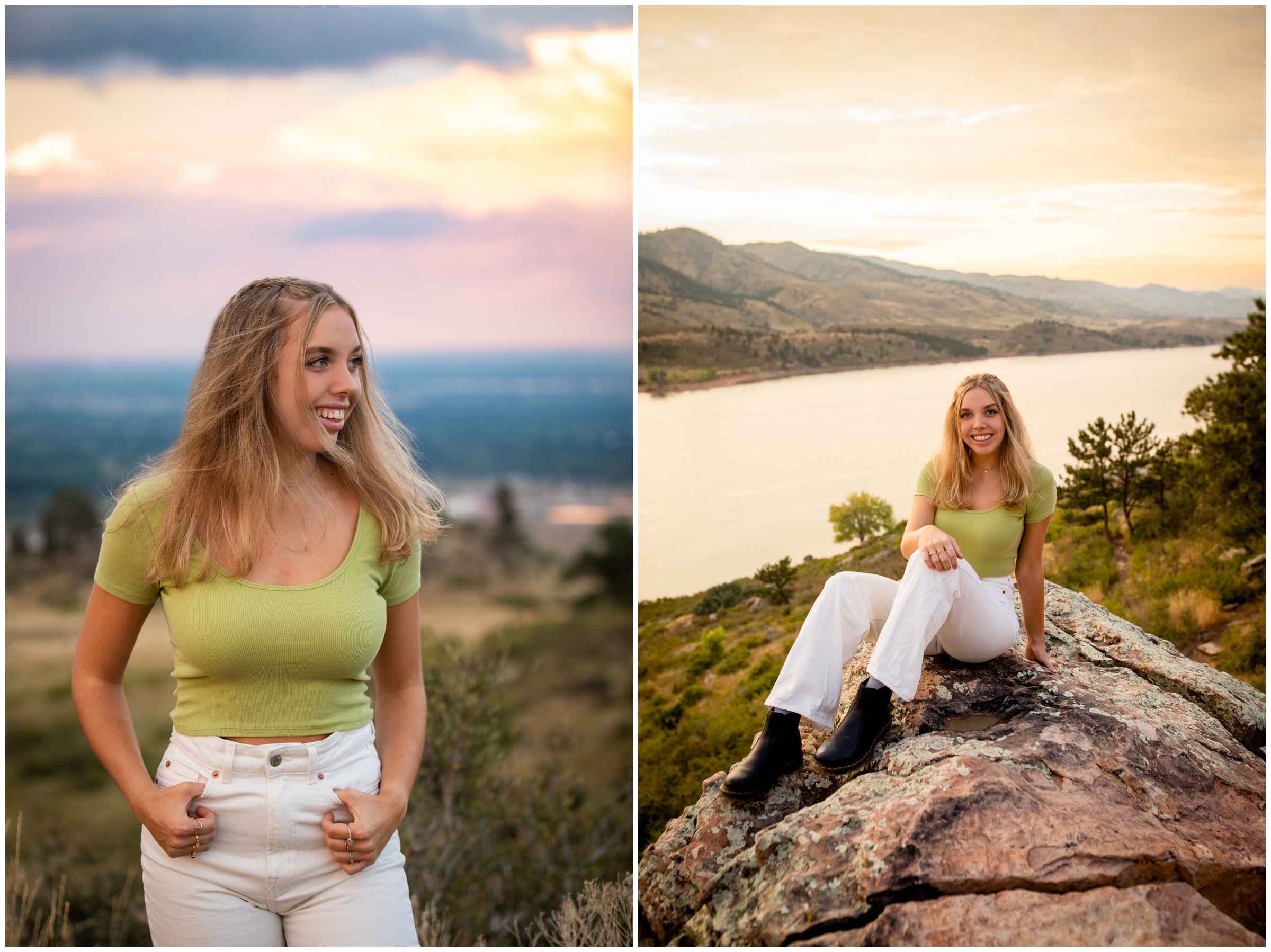 teen posing on rock formations at Horsetooth Reservoir during Fort Collins Colorado senior portraits 