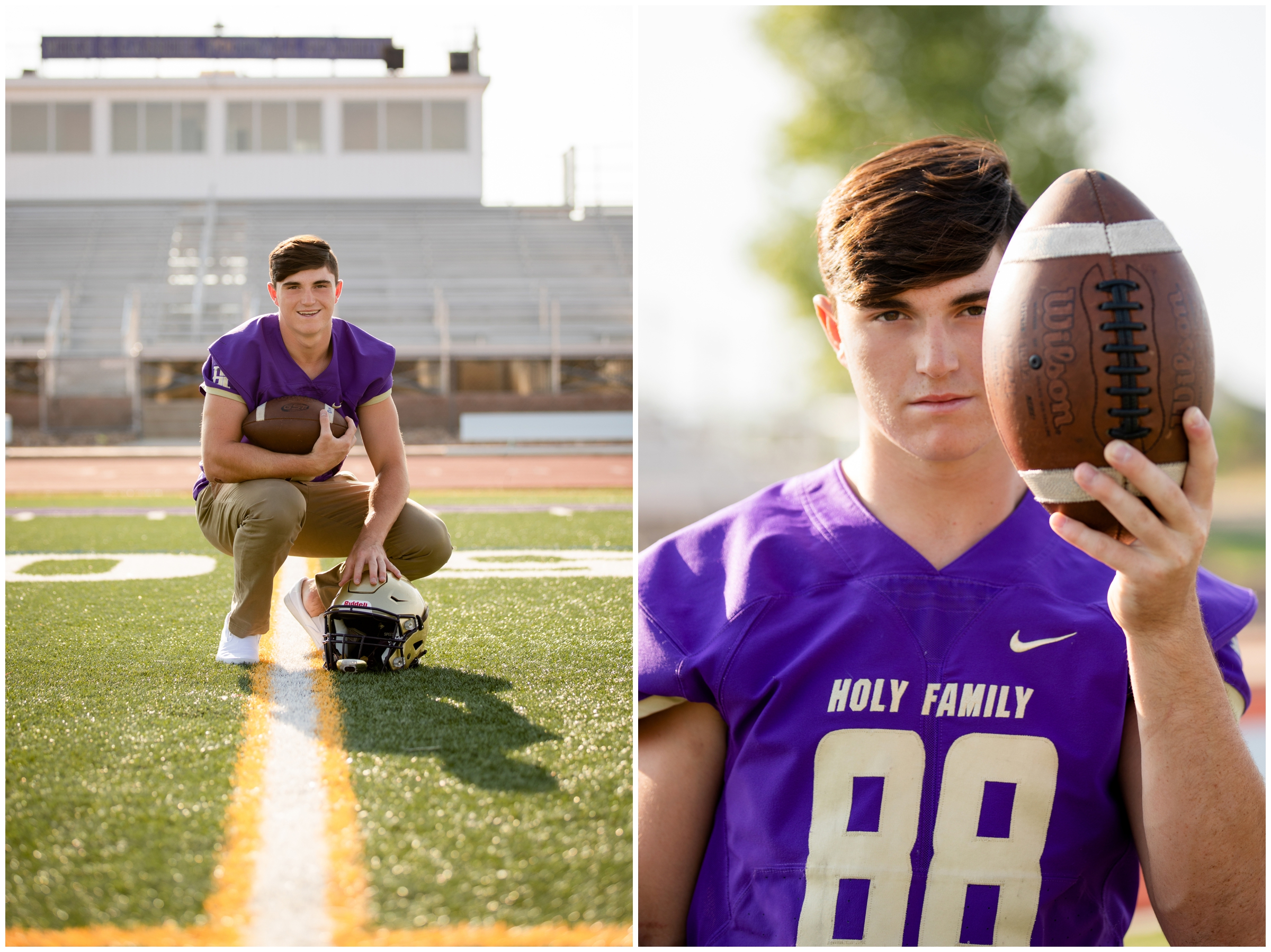 football player posing on field at Holy Family High School during Broomfield Colorado senior pictures 