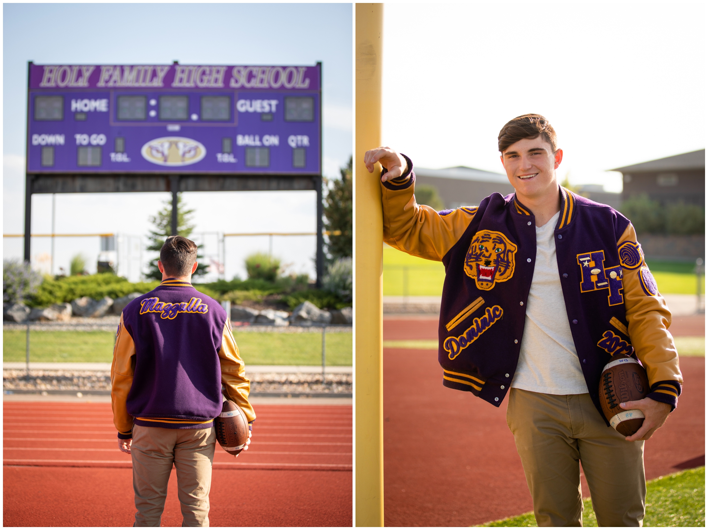 football player in letterman jacket leaning against goal post during his Holy Family senior photos in Broomfield Colorado 