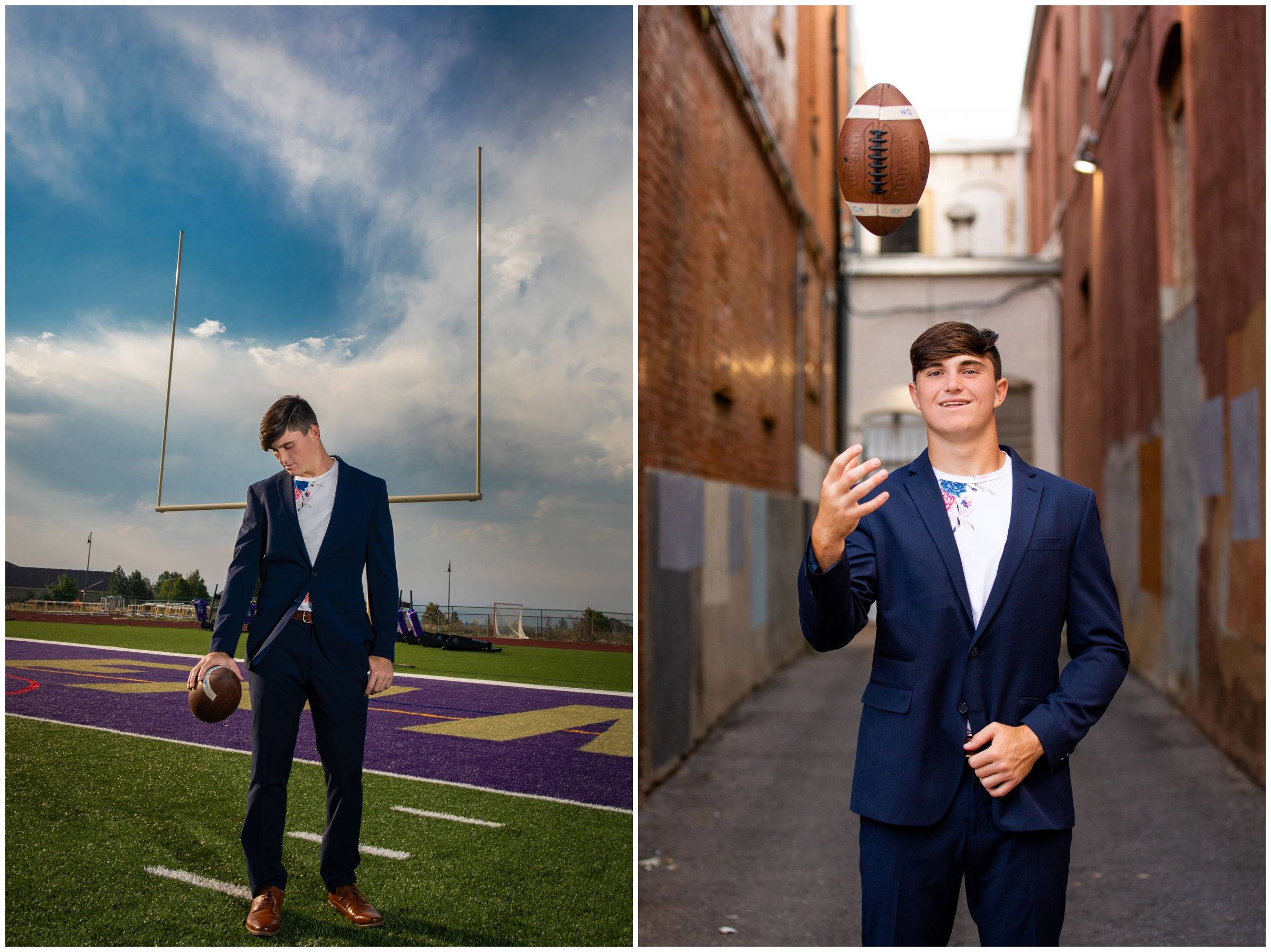 football player in a suit posing for Holy Family Colorado senior photography session 
