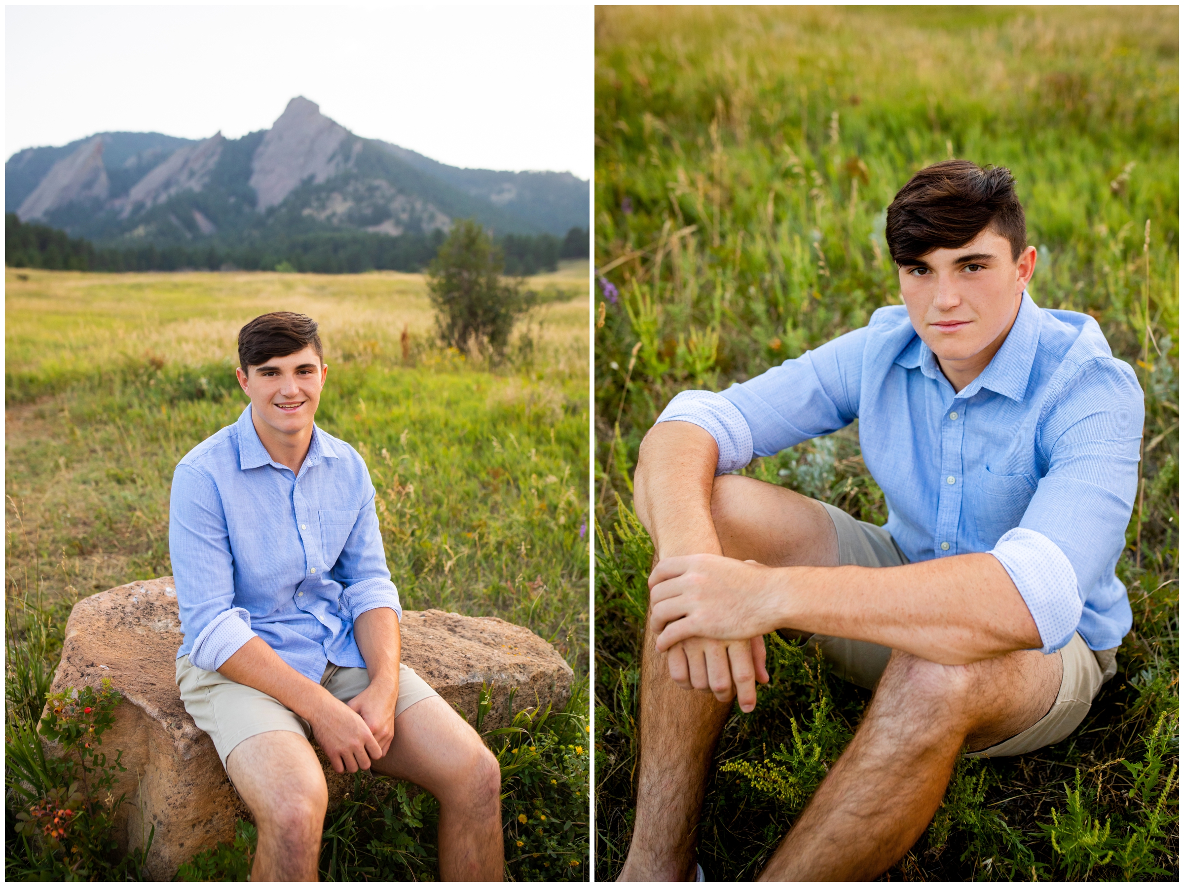 teen guy sitting in a field at Chautauqua during Boulder Colorado senior pictures 
