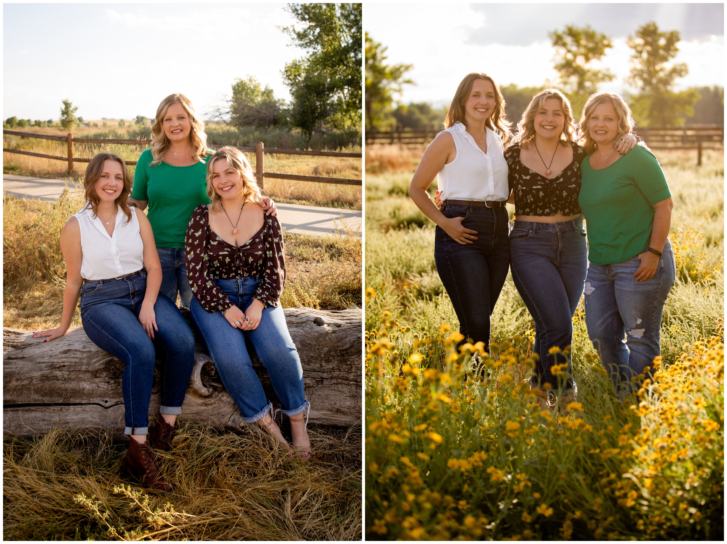 mom and daughters sitting on a log during Longmont family photos at Sandstone Ranch 