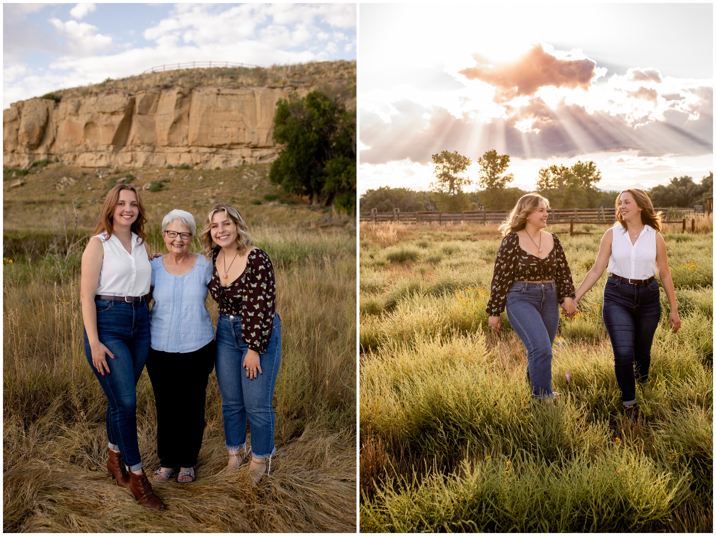 sisters and their grandma posing for portrait session at Sandstone Ranch in Colorado 