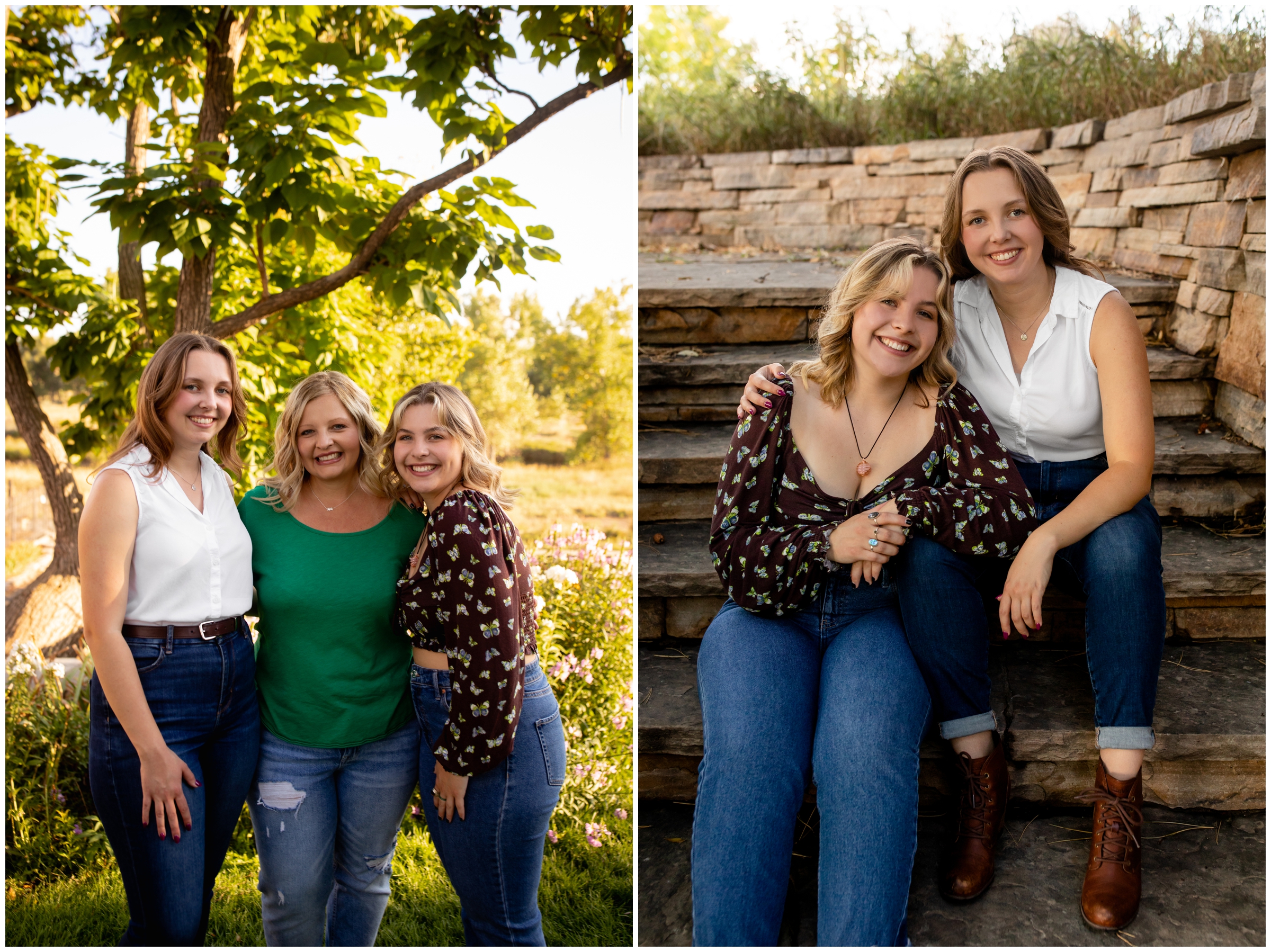 sisters sitting on stone steps at sandstone ranch Longmont family photography session 