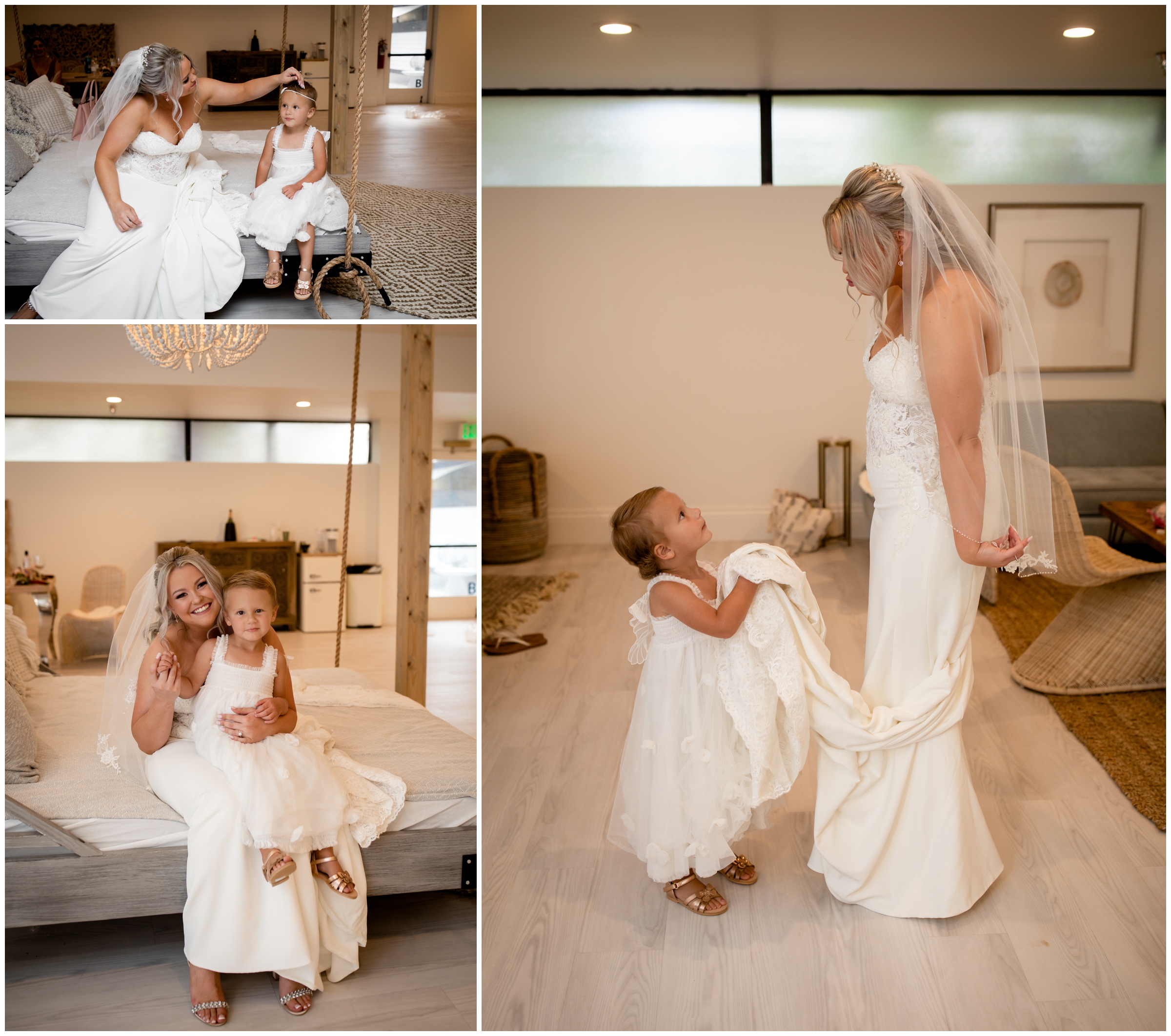 sweet moments between bride and toddler flower girl at Colorado wedding 