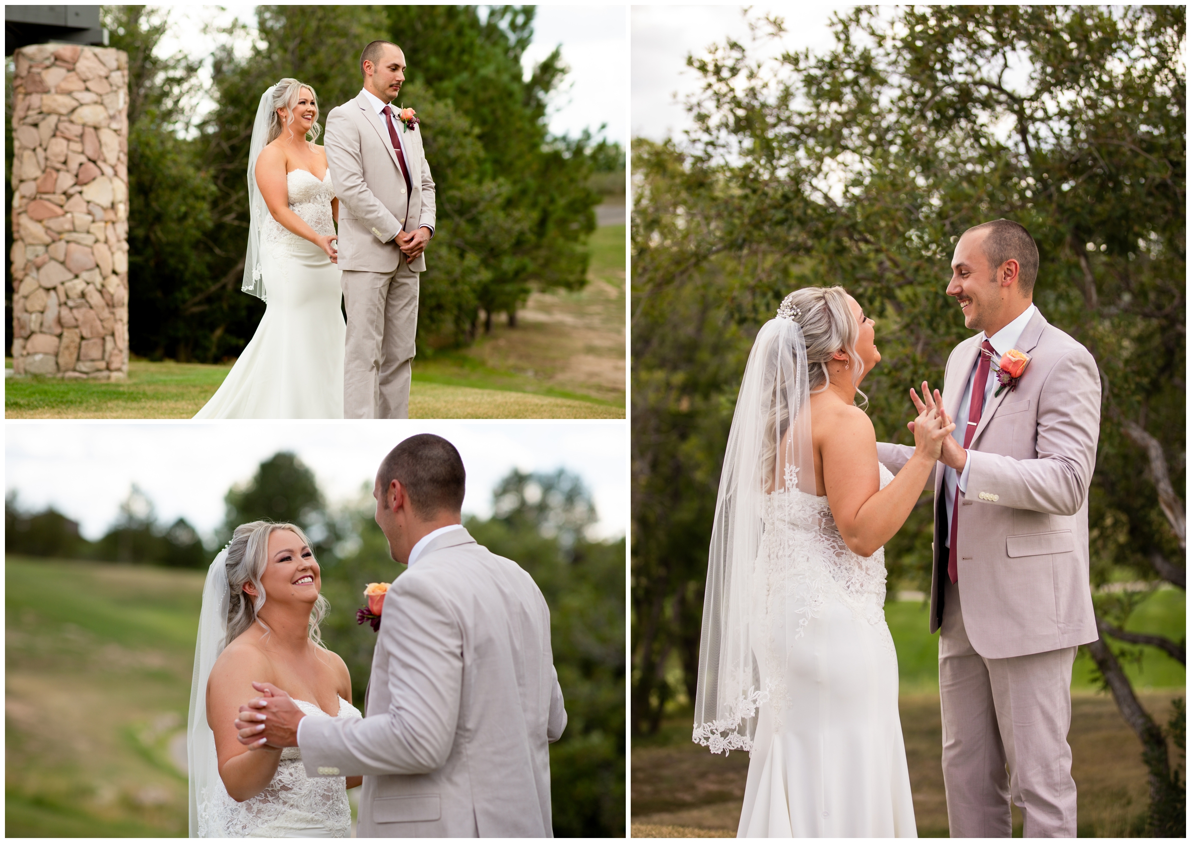 first look between bride and groom at the Oaks at Plum Creek Colorado summer wedding 