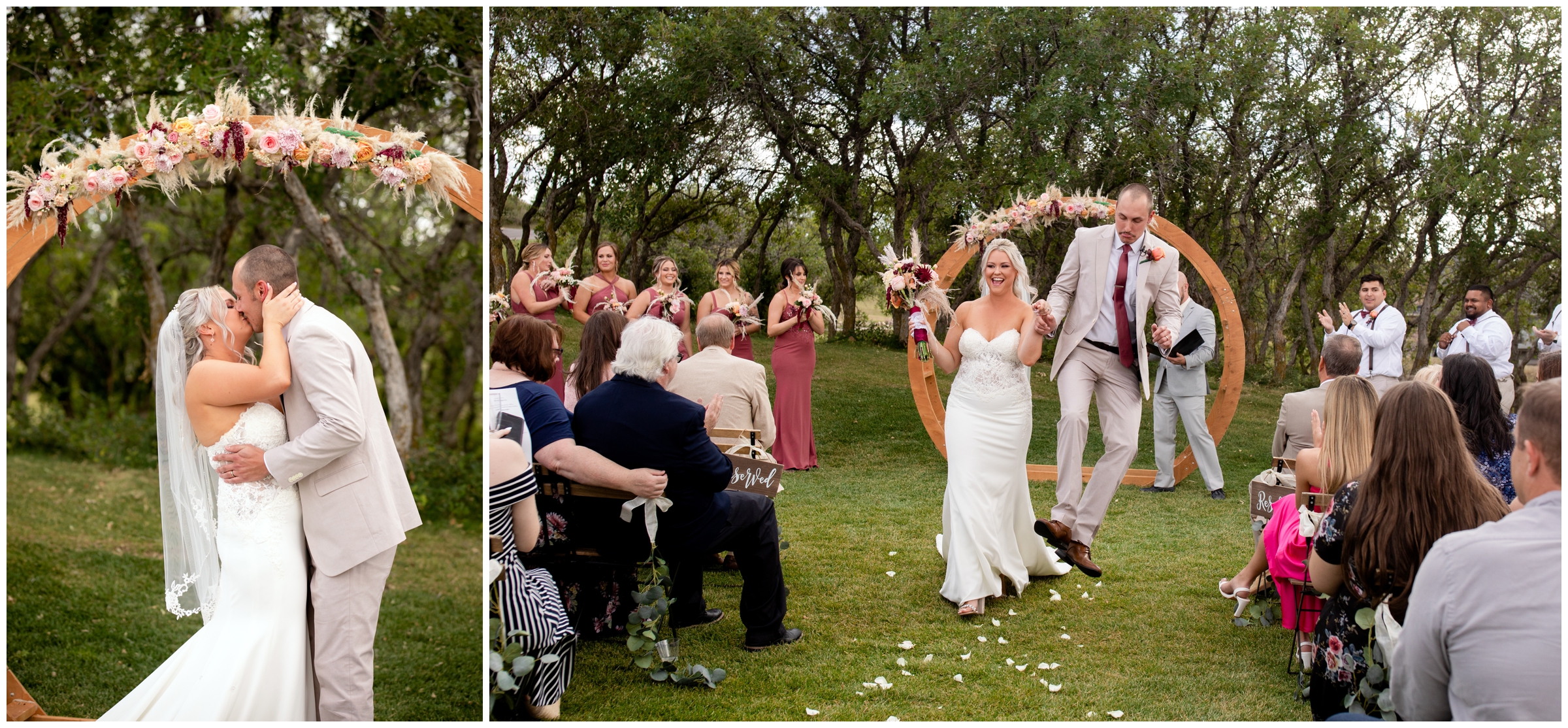 groom dancing down the aisle after outdoor wedding ceremony at the Oaks at Plum Creek 
