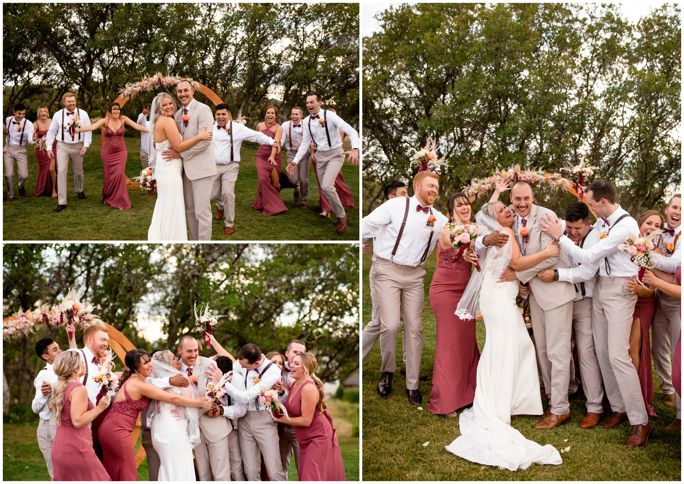 fun and creative wedding party photos at the Oaks at Plum Creek wedding 