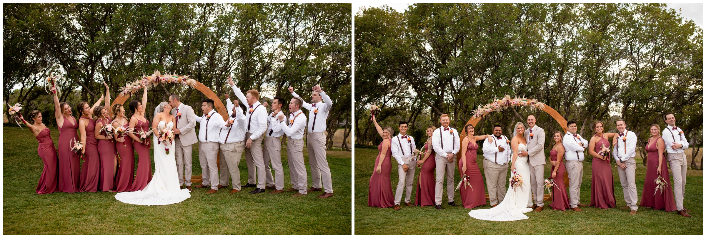 wedding party in dusty rose and khaki at Castle Rock Colorado summer wedding 