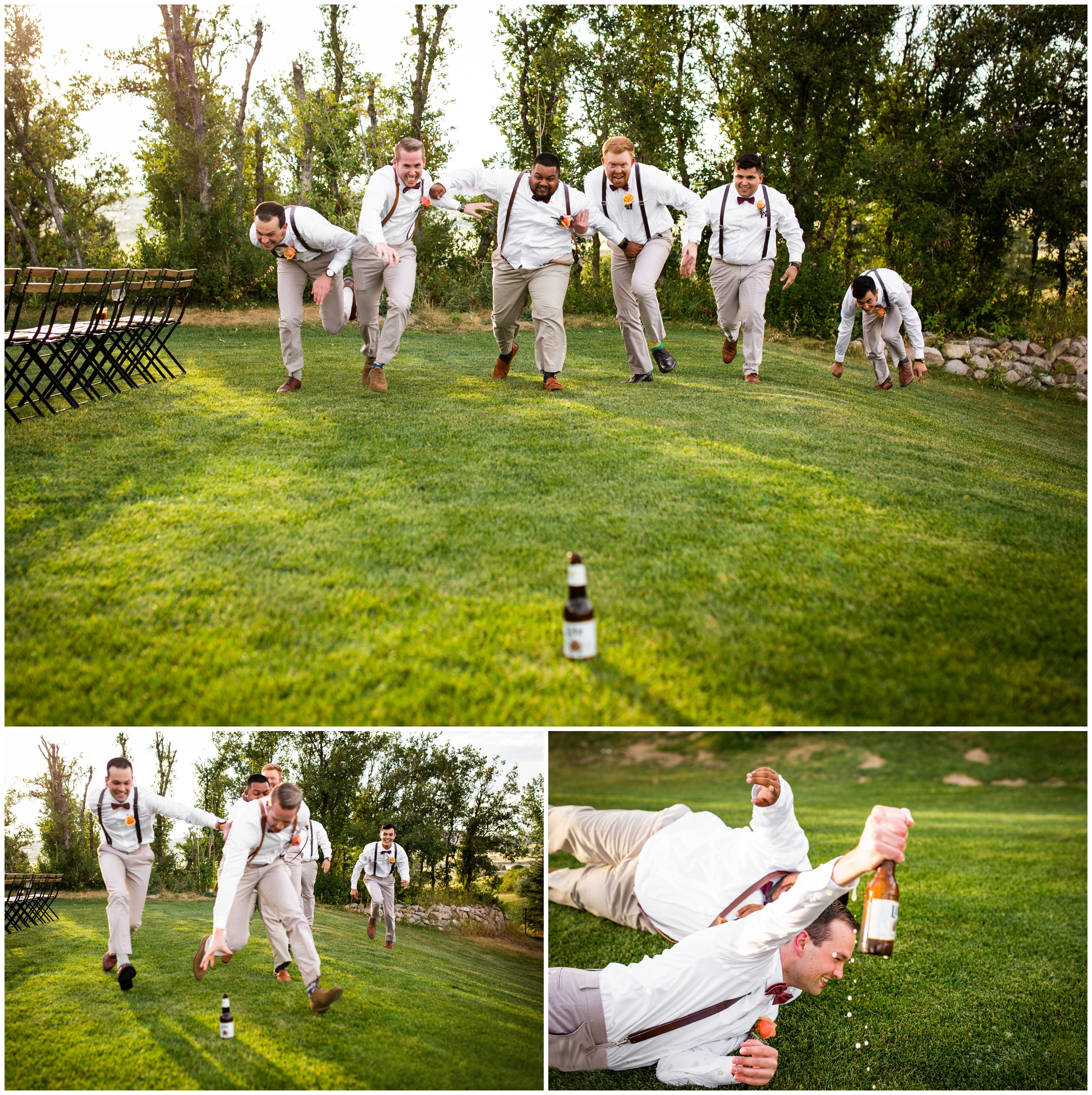 groomsmen racing for a beer during creative wedding party pictures at the Oaks in Castle Rock Colorado 