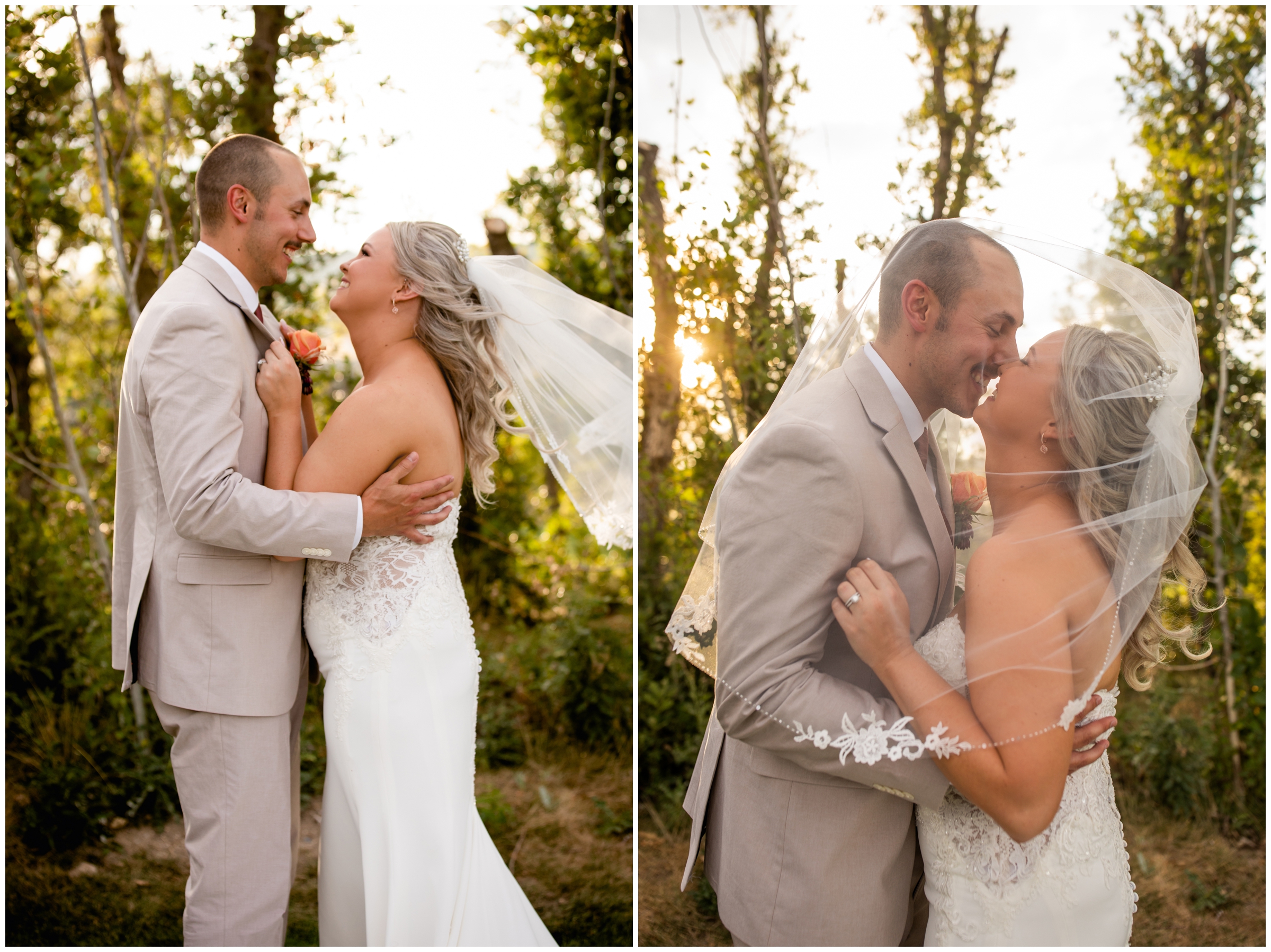 bride and groom snuggling under bride's veil during romantic wedding photos at the Oaks in Castle Rock Colorado