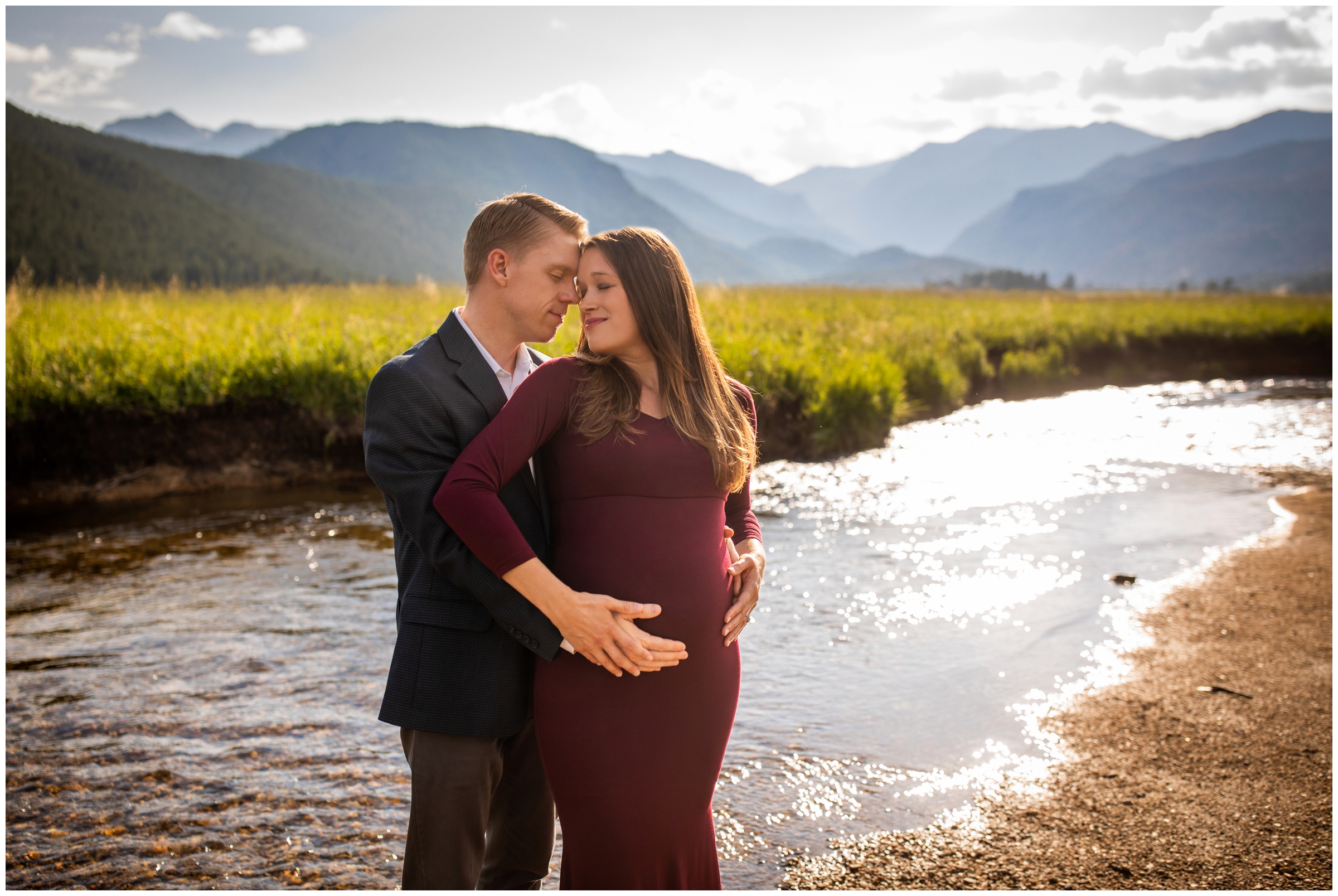 river maternity pictures with mountains in background at Moraine Park in Colorado mountains 
