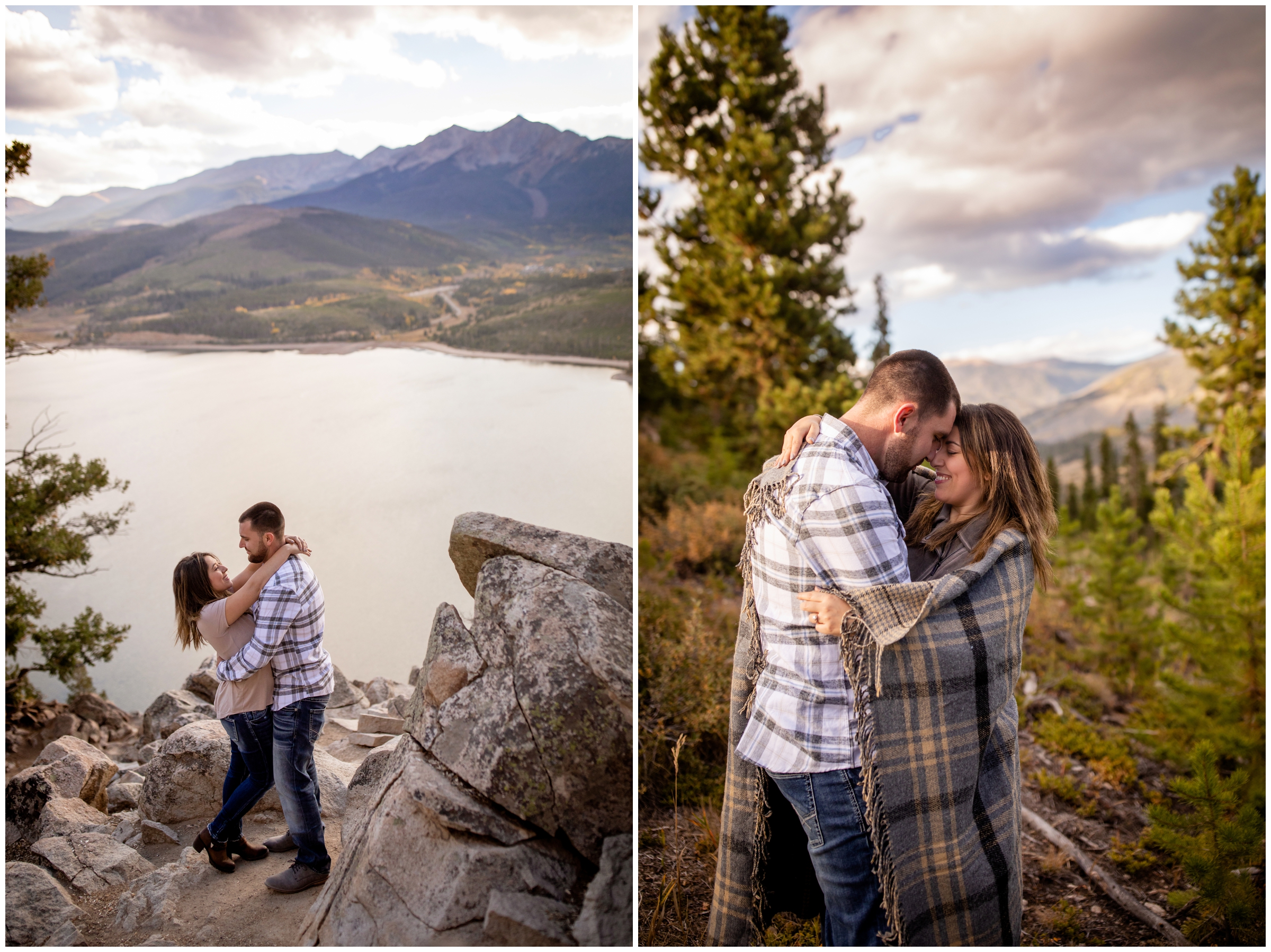 couple snuggling under a blanket during fall engagement photos at Sapphire Point in Colorado mountains 