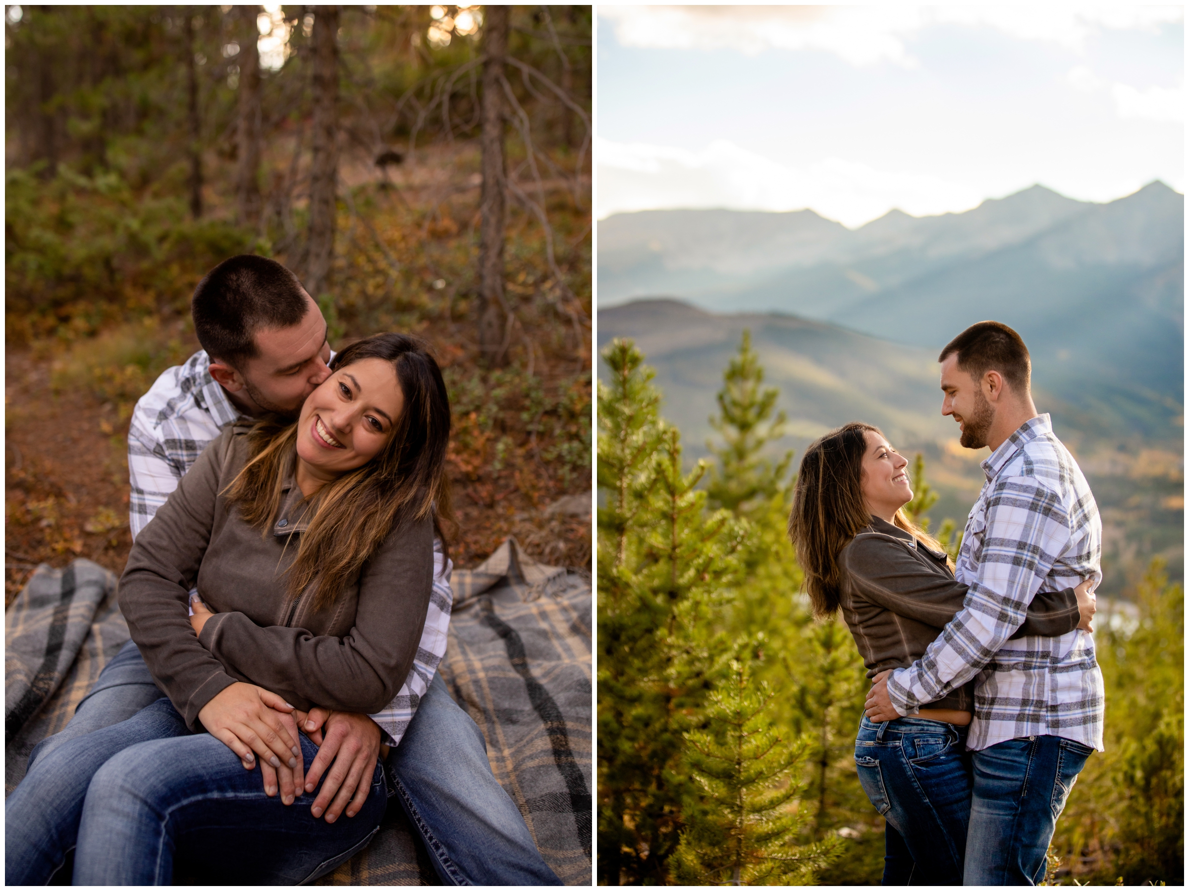 couple cuddling on a blanket during Colorado mountain engagement portraits at Sapphire Point 