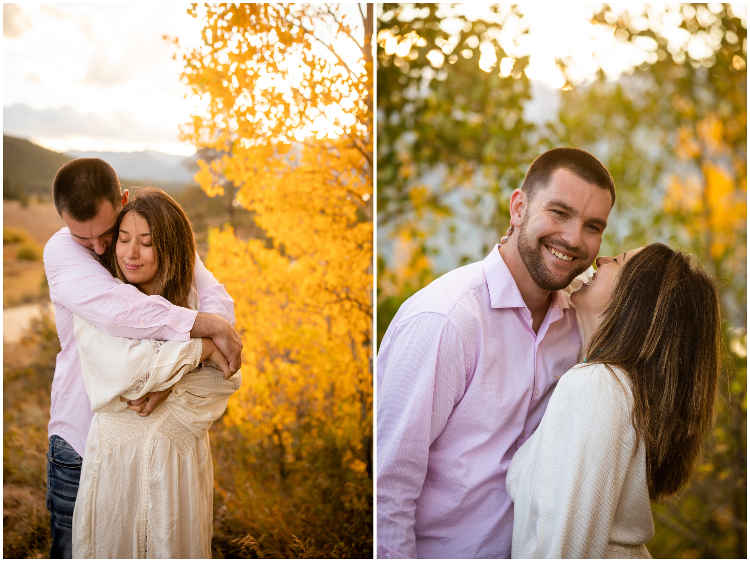 couple embracing in a aspen grove during fall engagement pictures at Windy Point Campground in Colorado 