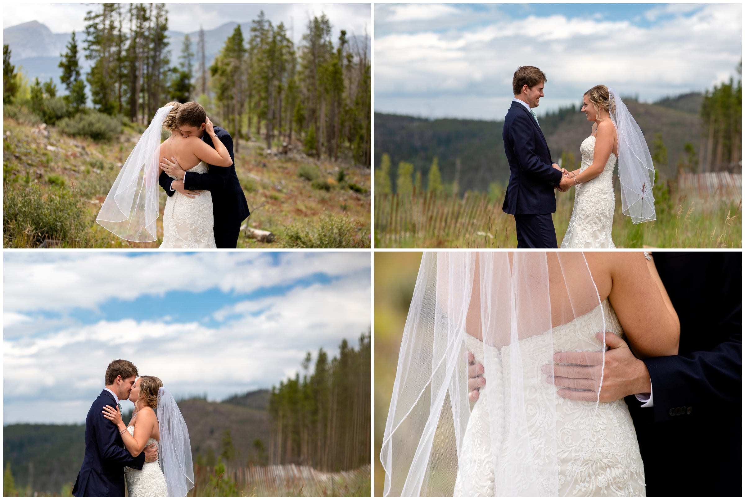 bride and groom first look on Boreas Pass before Lodge at Breckenridge Colorado wedding