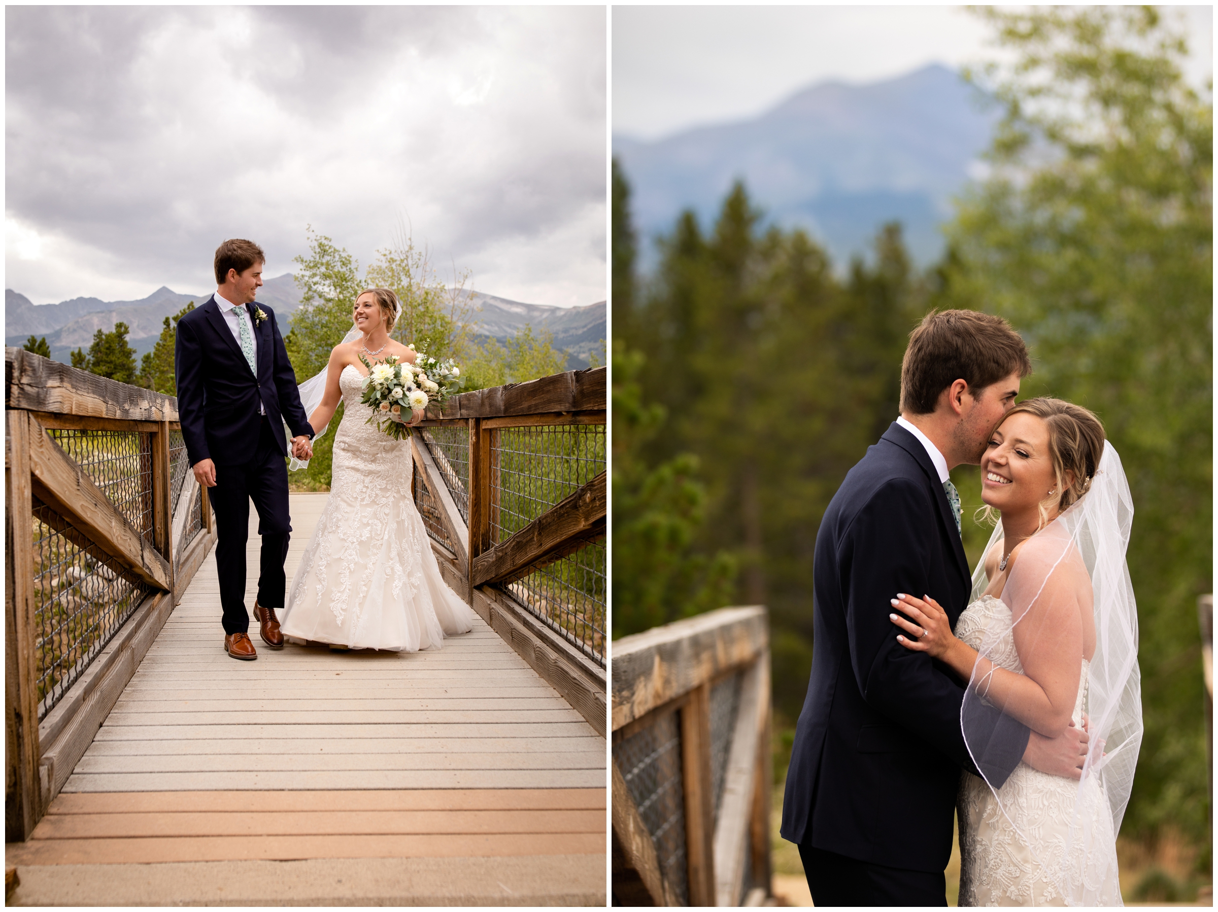 couple embracing on wooden bridge during Lodge at Breckenridge Colorado wedding