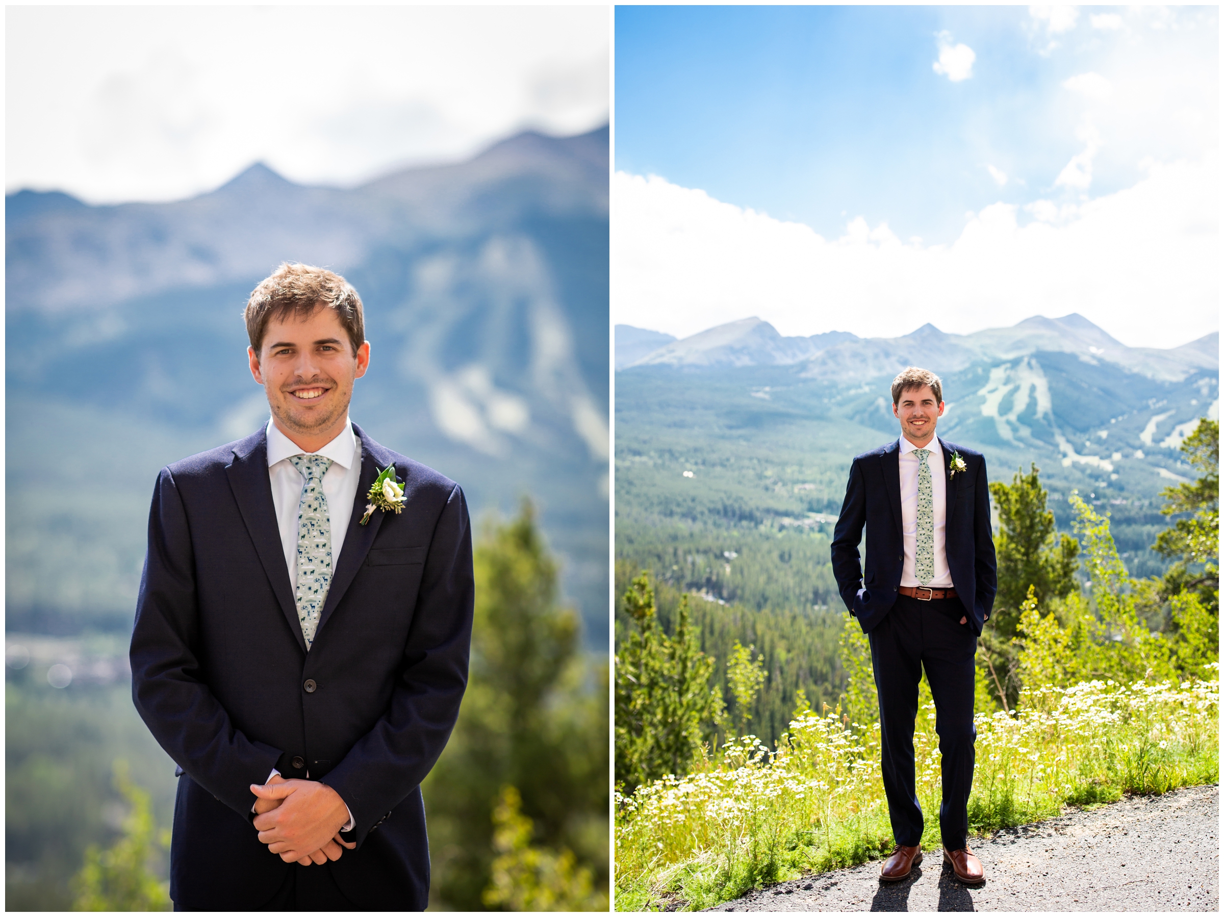 colorado groom posing for photos with mountains in background