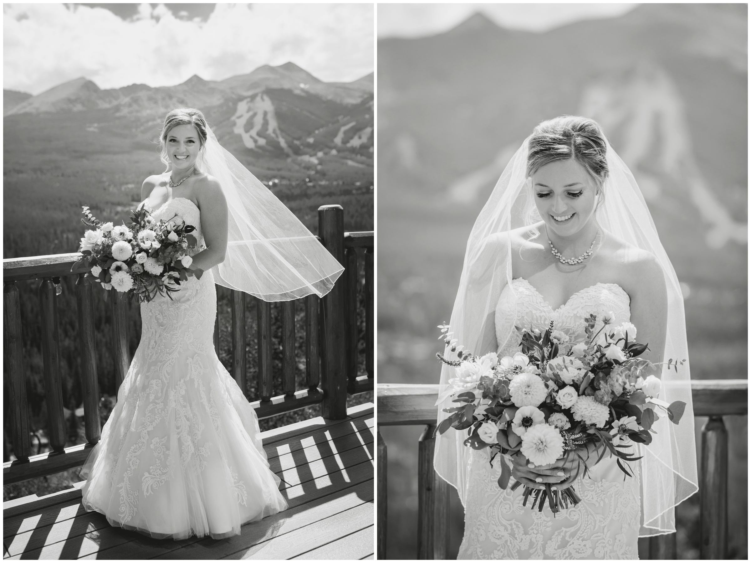 black and white photo of bride posing on deck at Lodge at Breckenridge wedding