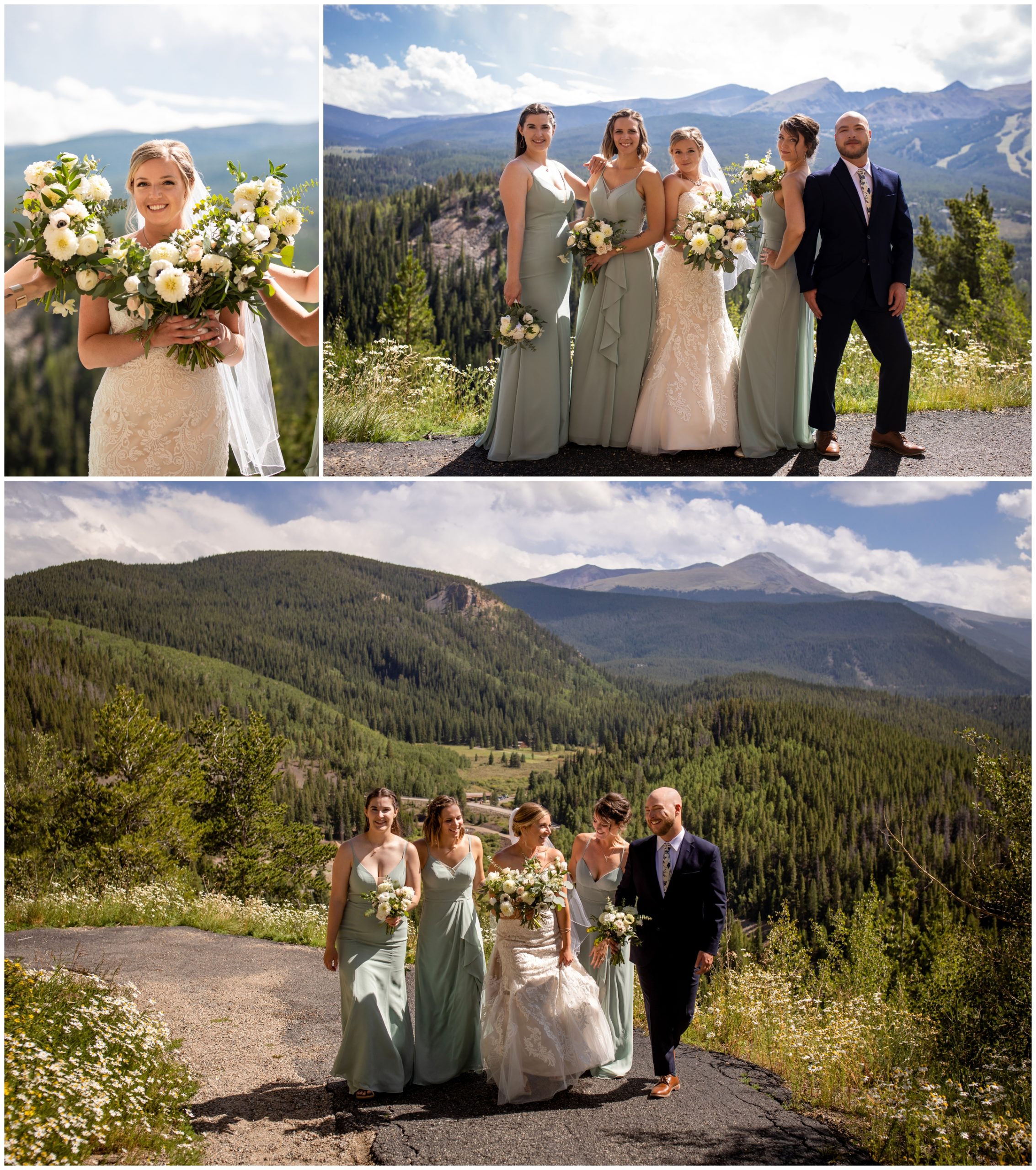 wedding party in sage green and navy blue during Colorado mountain wedding