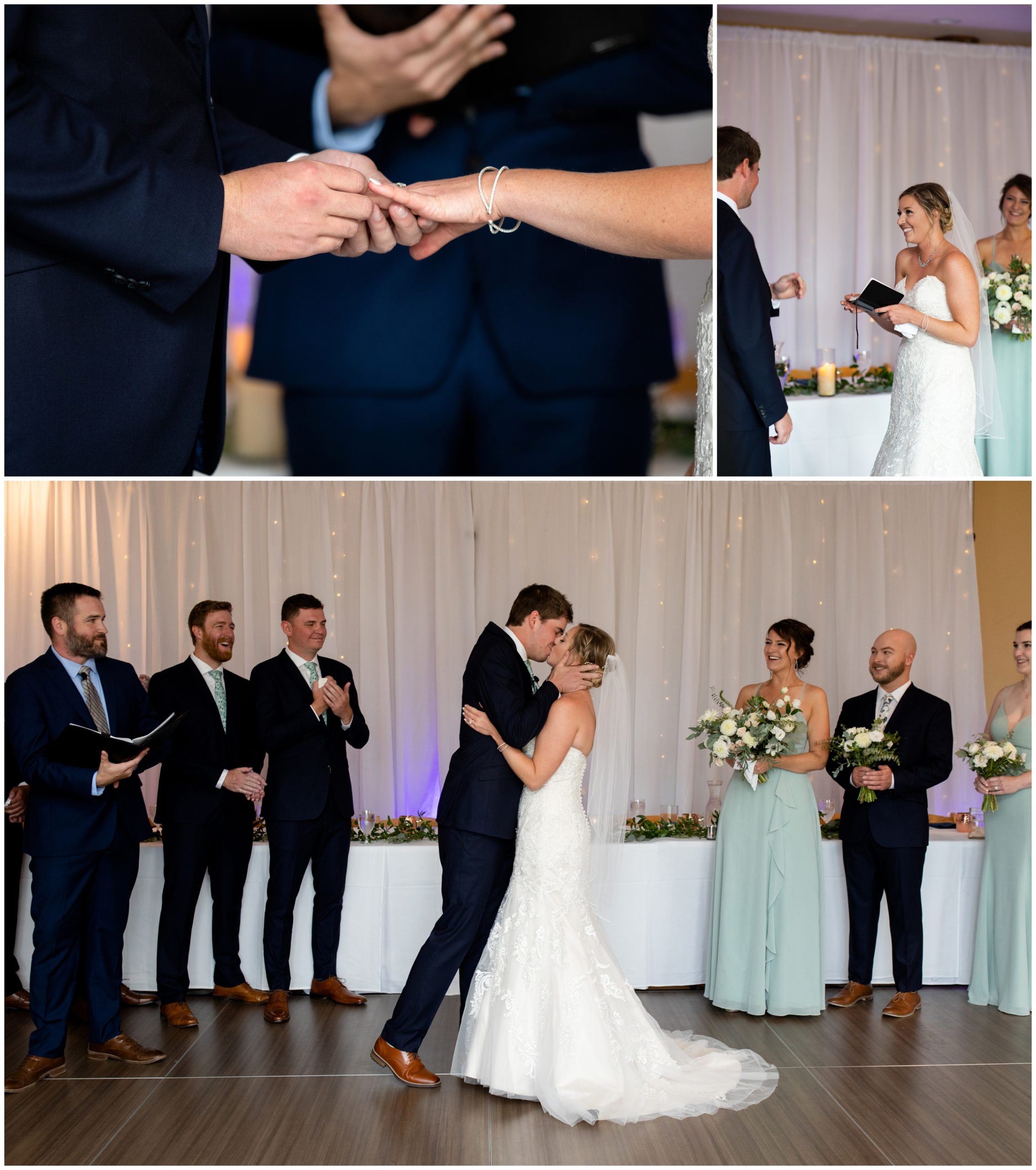 first kiss during indoor wedding ceremony at the lodge at Breckenridge in Colorado 