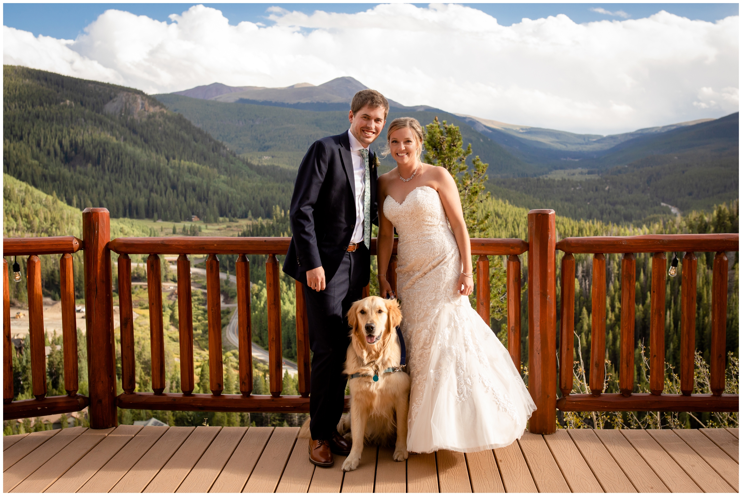 bride and groom and their golden retriever dog at their Lodge at Breckenridge Colorado wedding