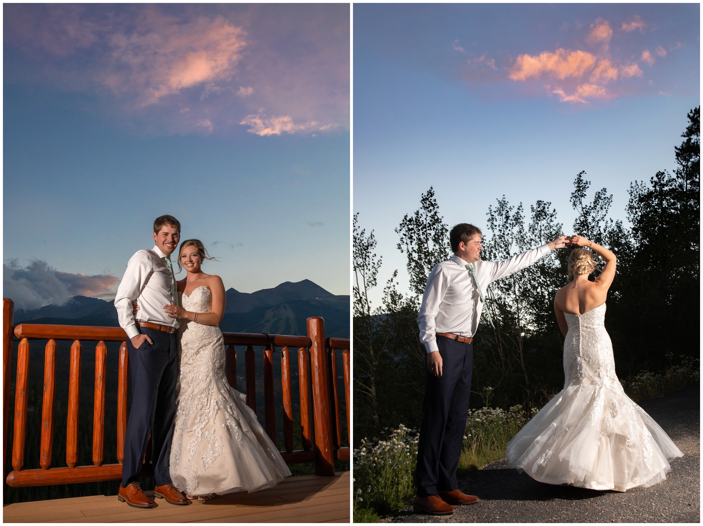 sunset bride and groom portraits on the deck at the Lodge at Breckenridge wedding