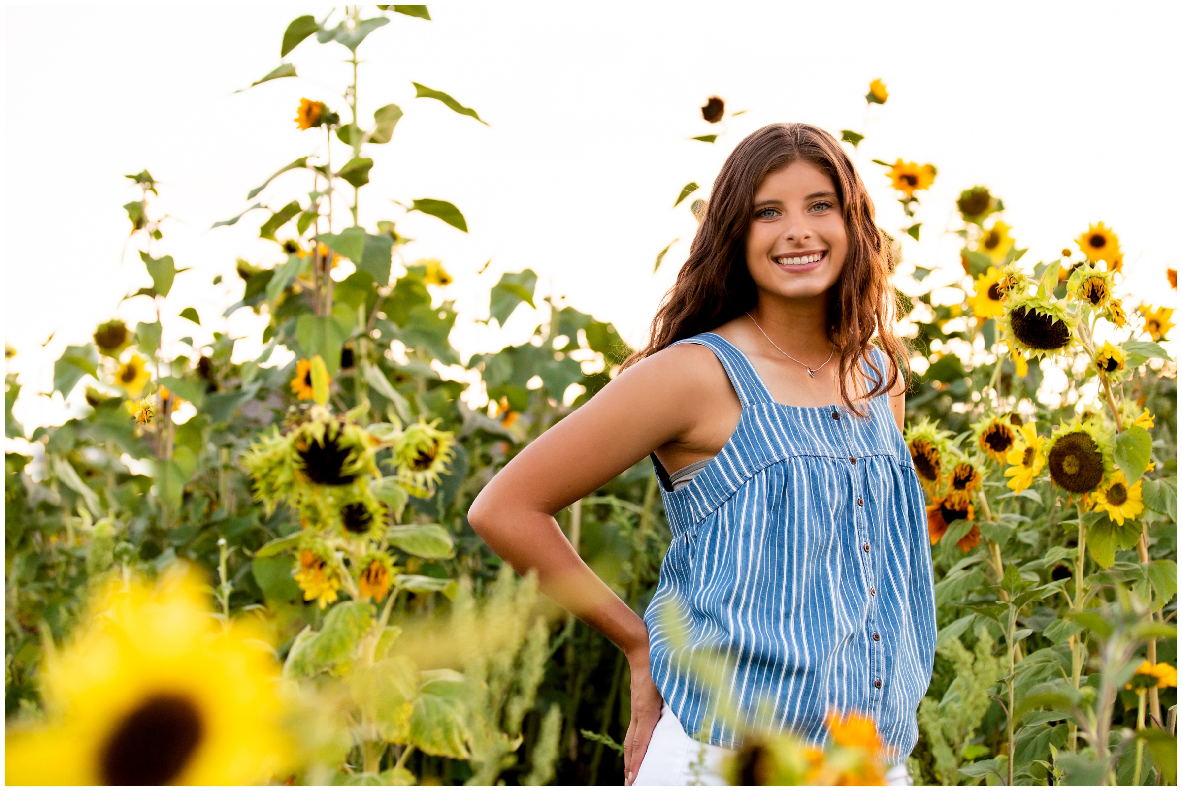 teen posing in sunflower field during Colorado senior portraits by Longmont photographer Plum Pretty Photography 