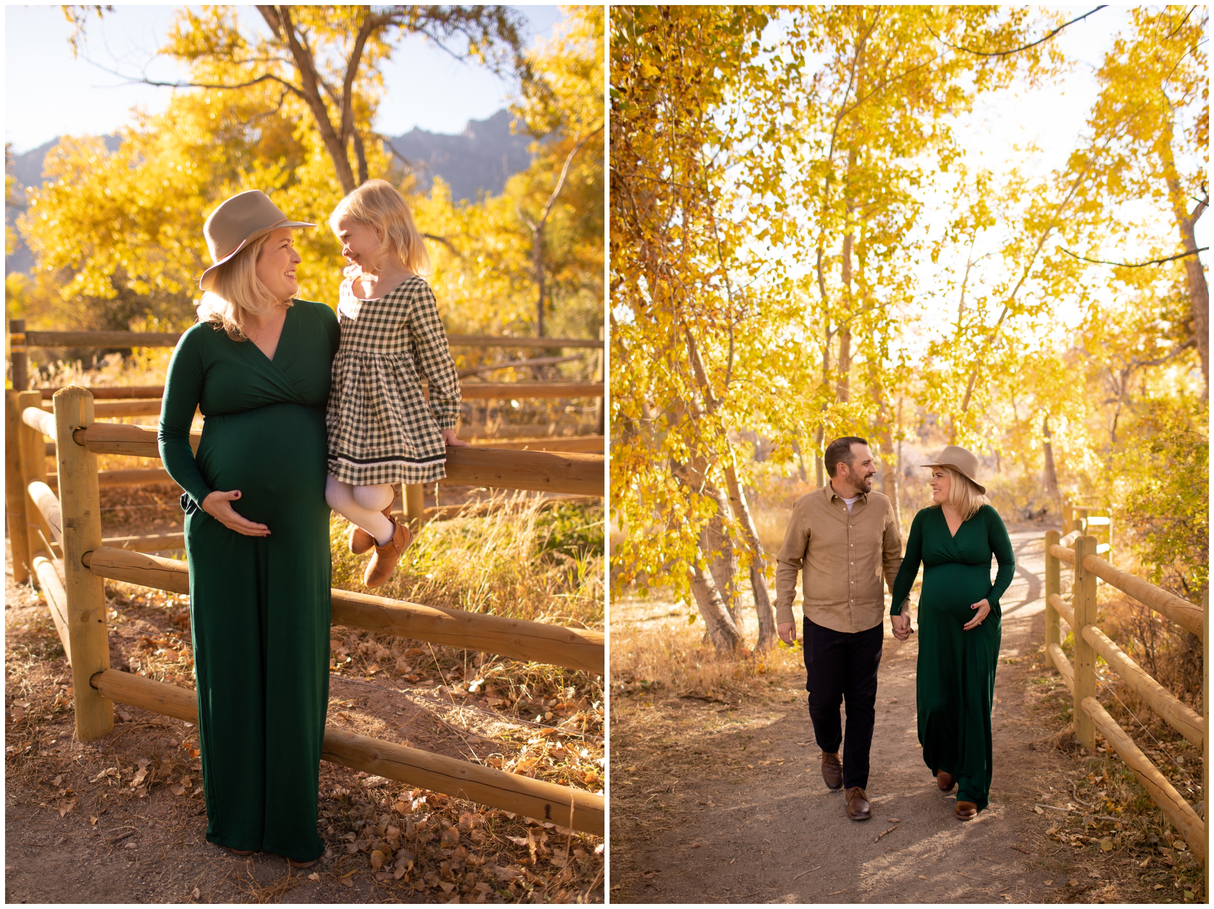 couple holding hands and walking during colorful fall maternity portraits in Boulder Colorado 