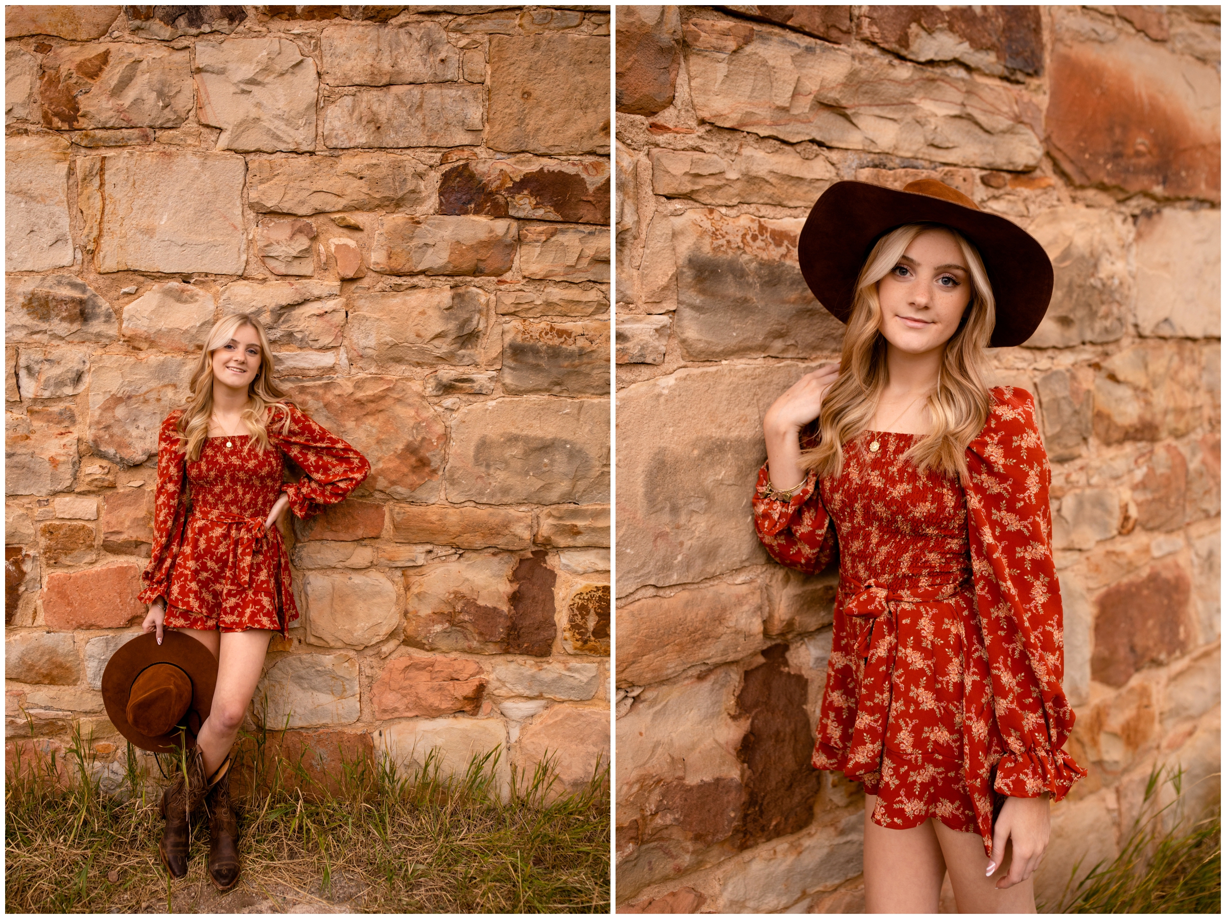 teen girl leaning against stone wall during fall senior photography portraits in Boulder Colorado 