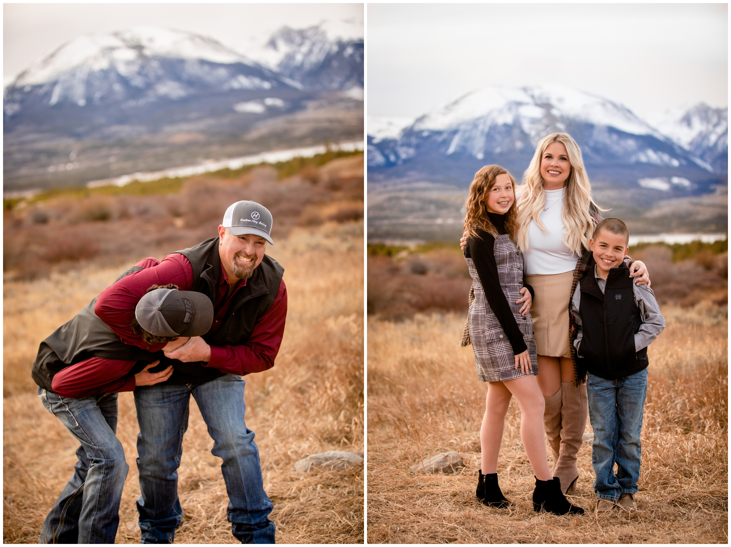 dad and son wrestling during candid family photos in the Colorado mountains 