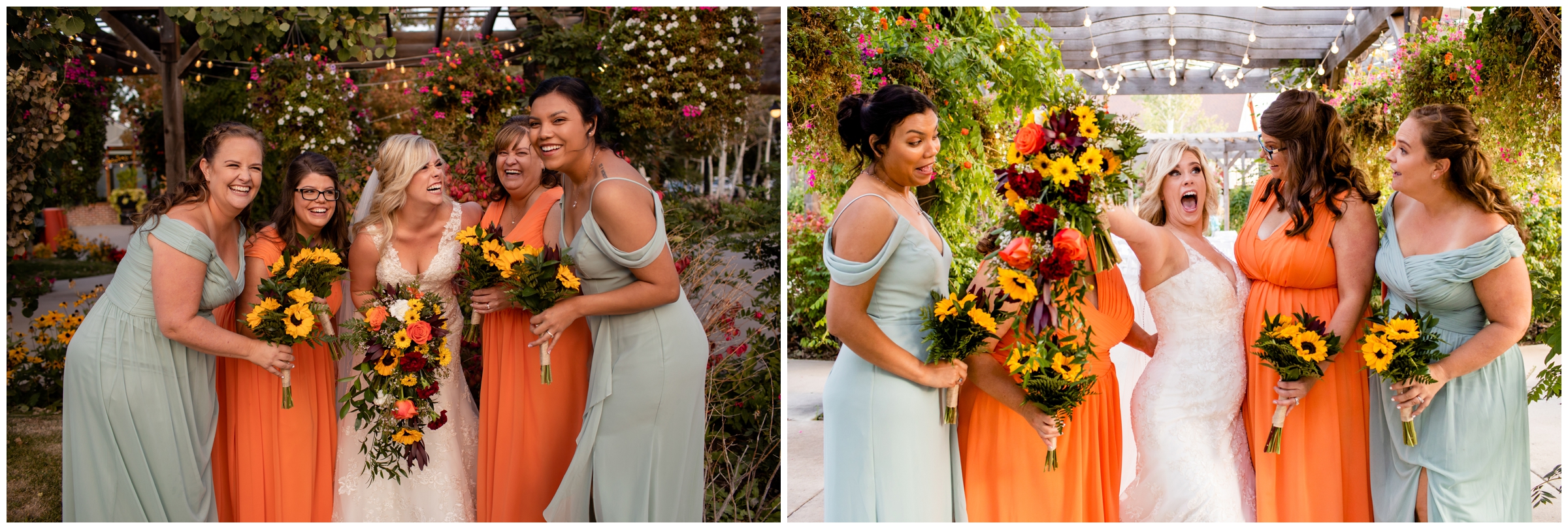 bridesmaids in sage and orange during Colorado fall wedding