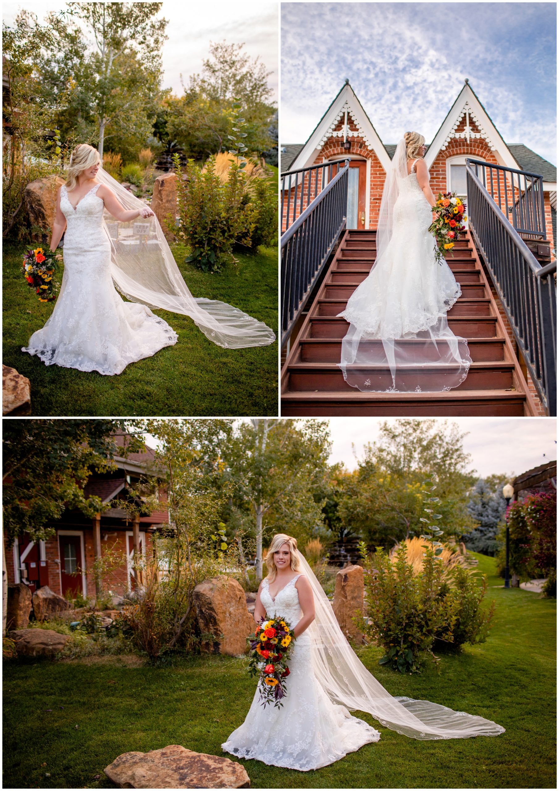 bride posing on staircase during Brookside Gardens wedding photos in Berthoud Colorado 