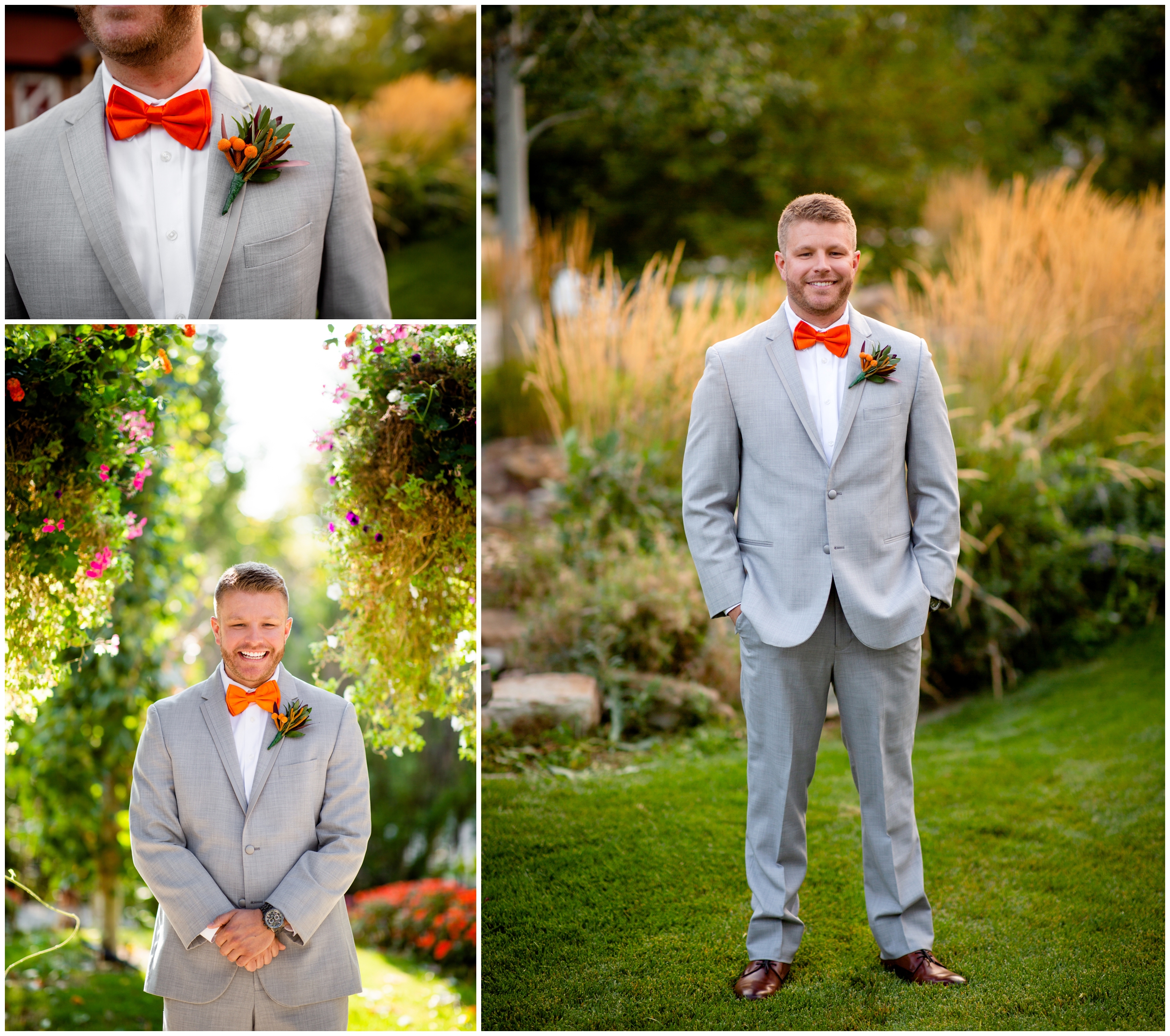 groom posing for photos in gardens during Berthoud Colorado fall wedding