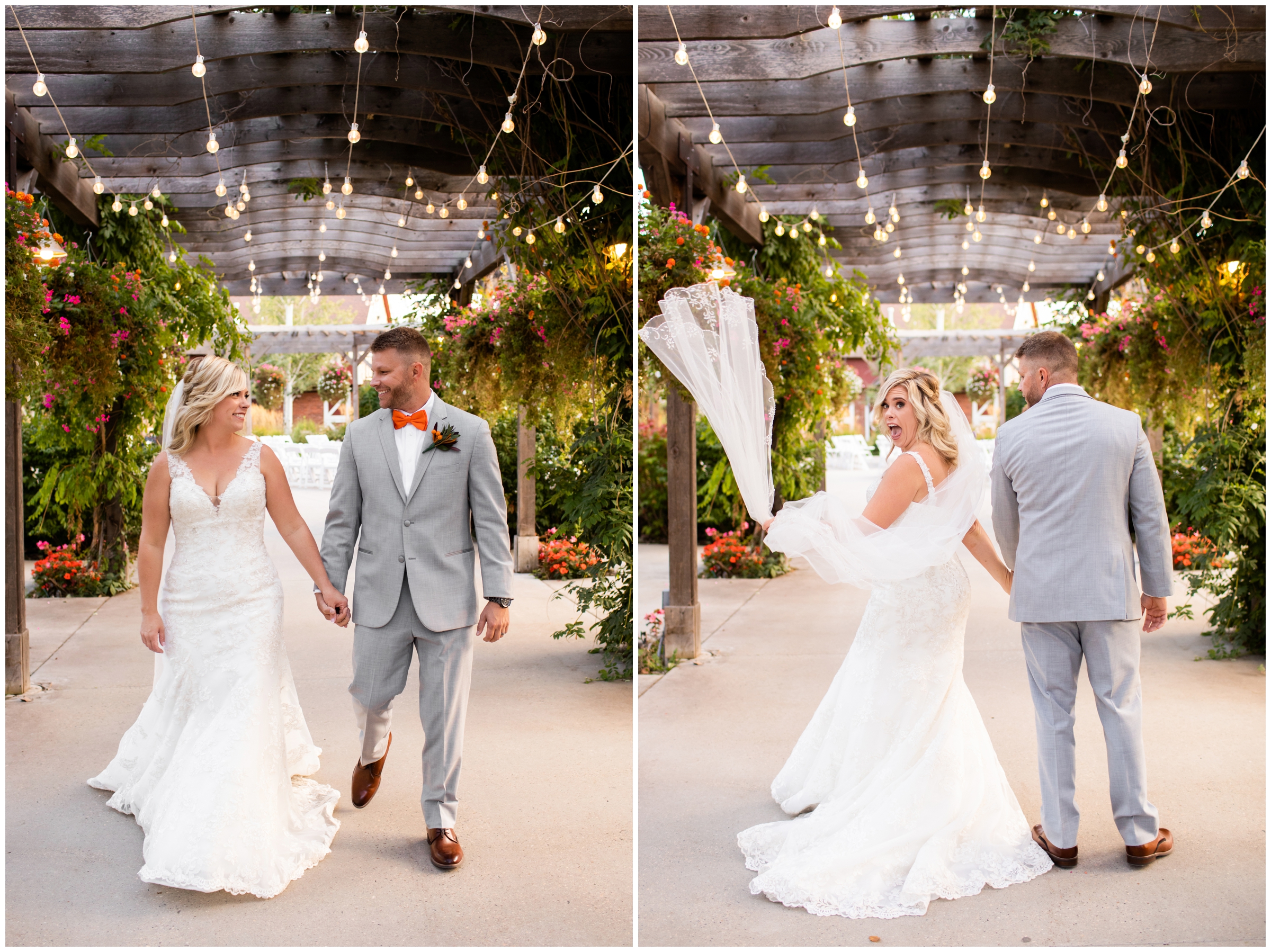bride and groom walking under market lights at Brookside Gardens wedding pictures in Colorado 
