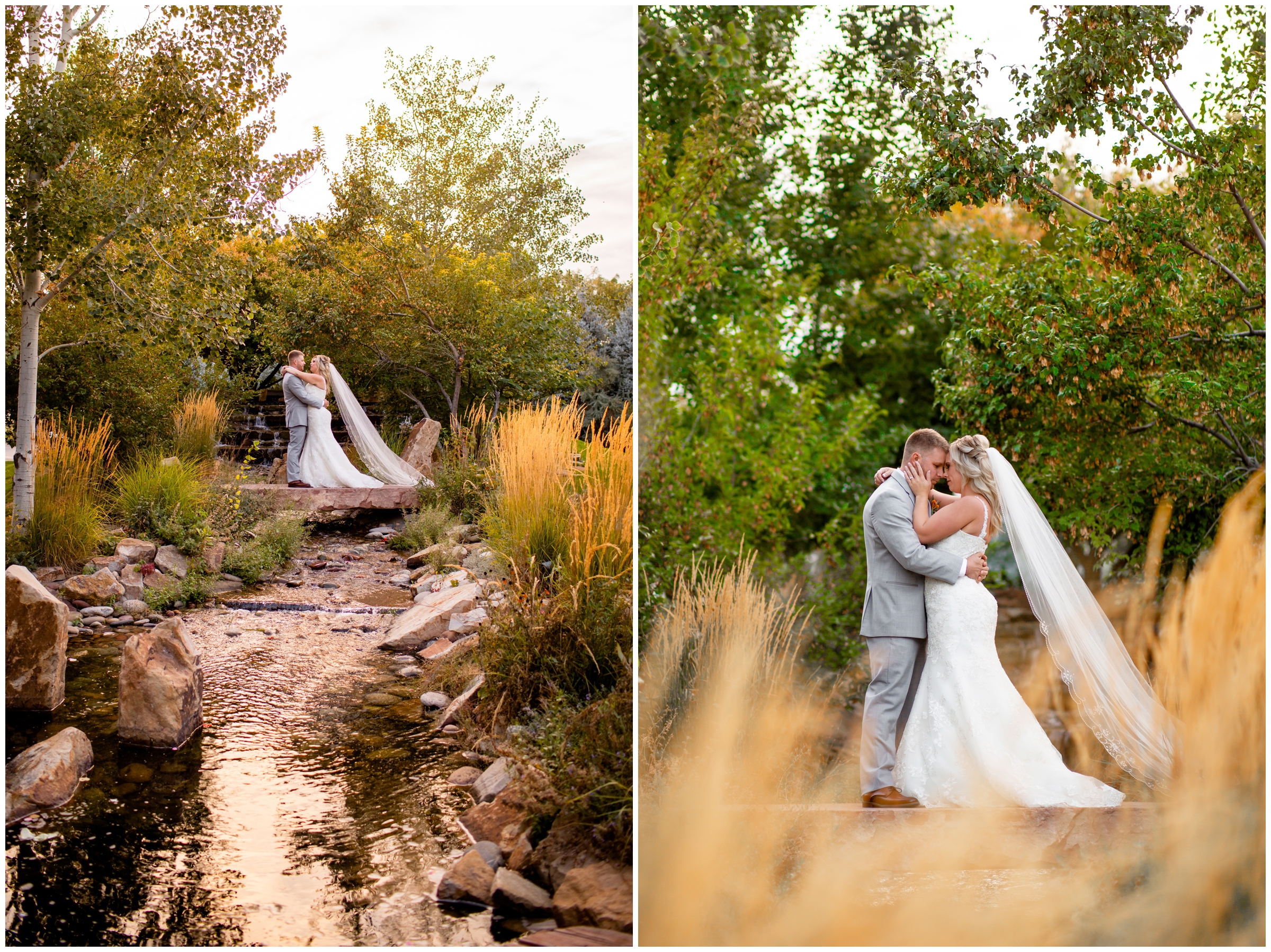 couple posing on stone bridge at Brookside Gardens wedding venue in Northern Colorado 