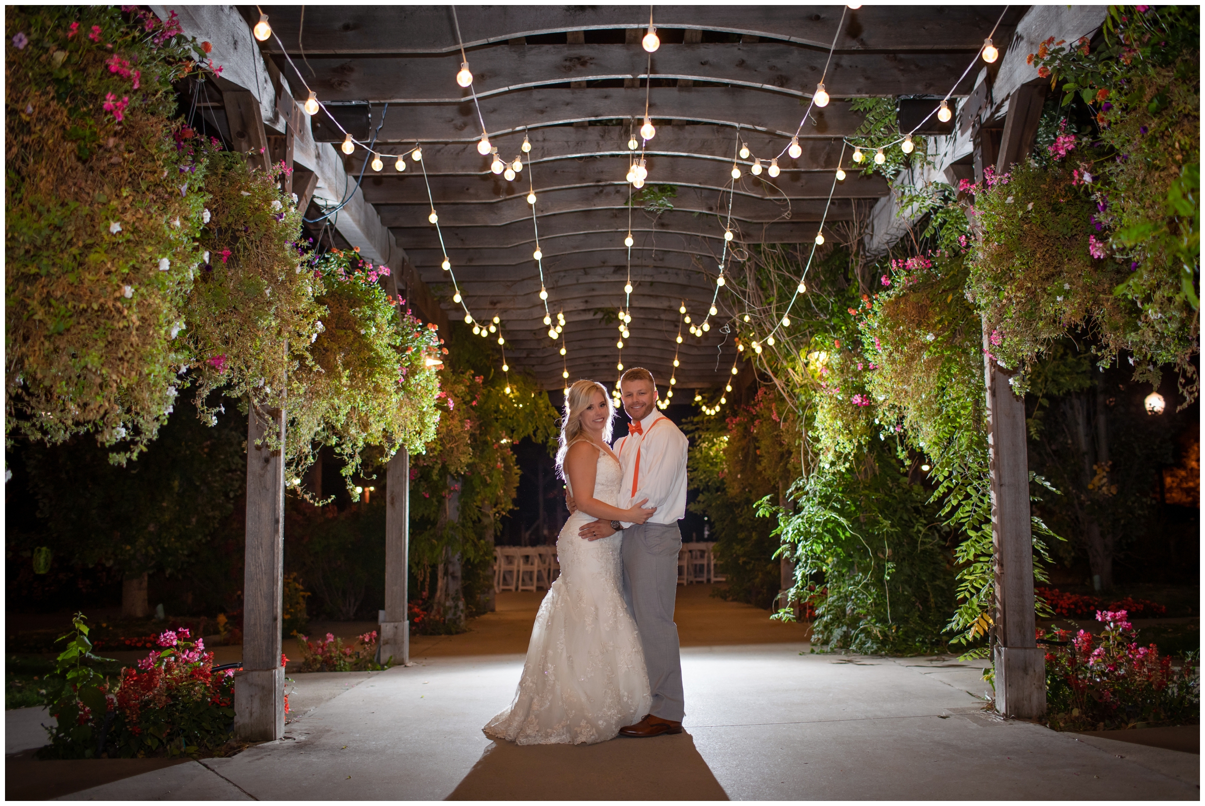 nighttime bride and groom portraits at Brookside Gardens Colorado fall wedding