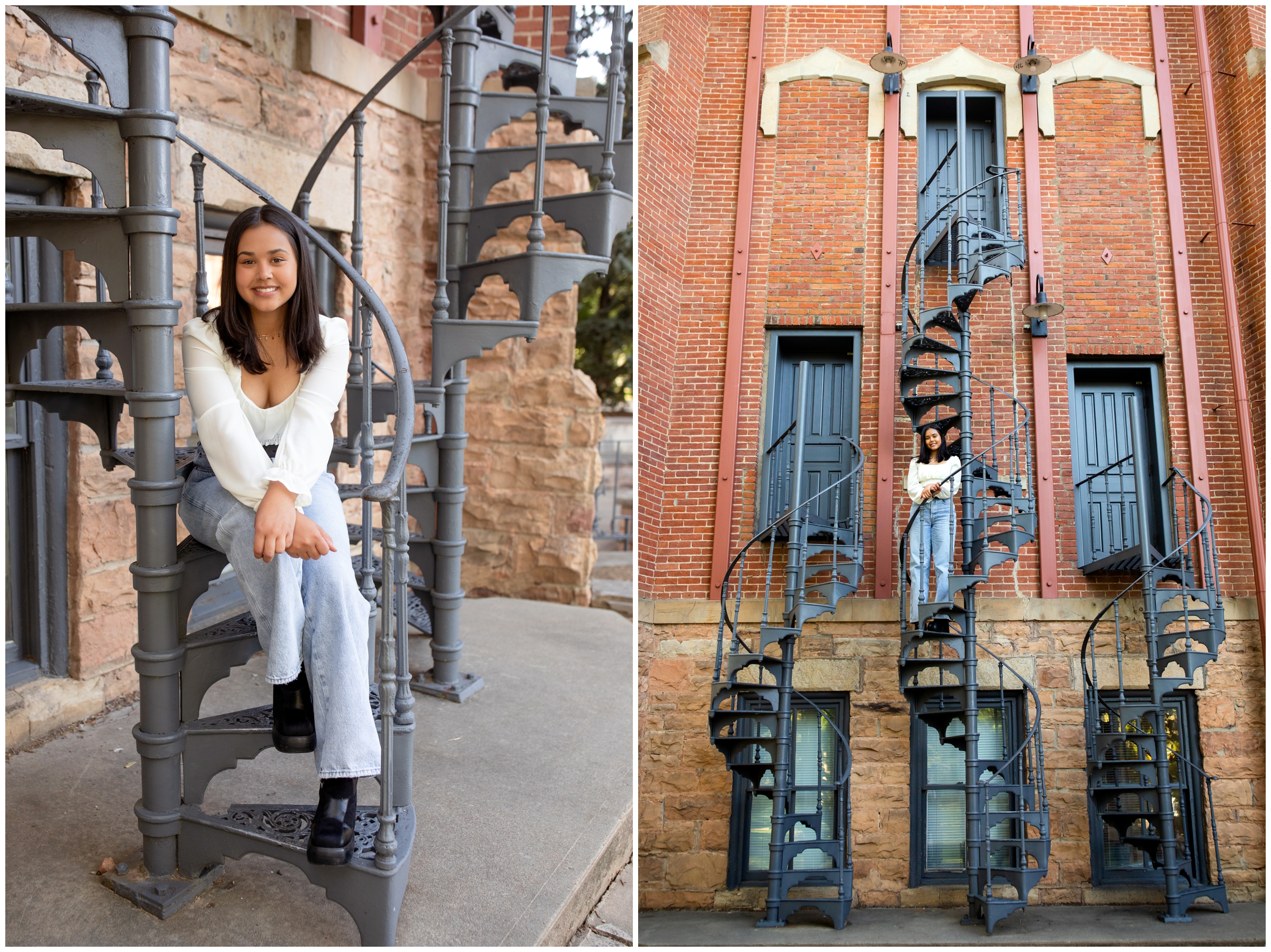 teen posing on spiral staircases at Old Main during CU Boulder senior photos by Colorado portrait photographer Plum Pretty Photography