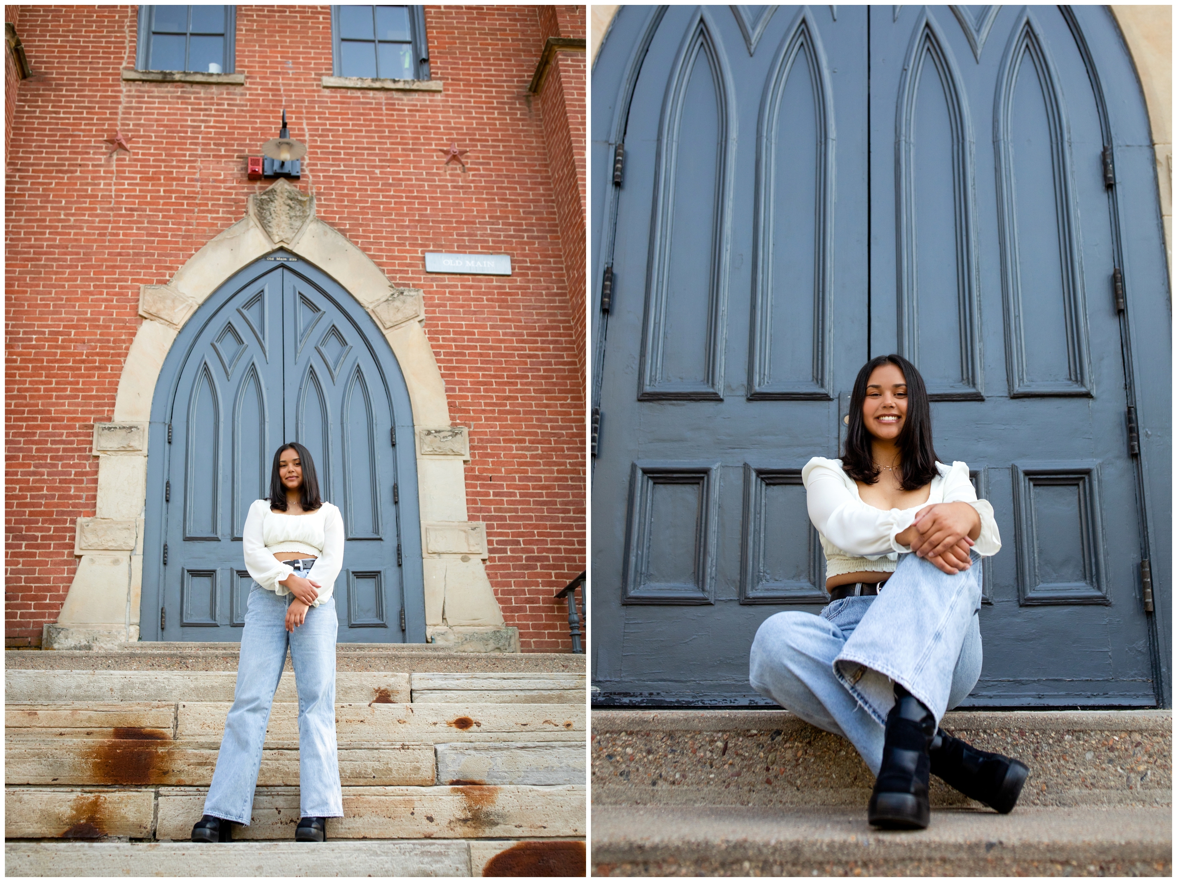 teen posing against the blue doors of Old Main during CU Boulder senior photos by Colorado portrait photographer Plum Pretty Photography