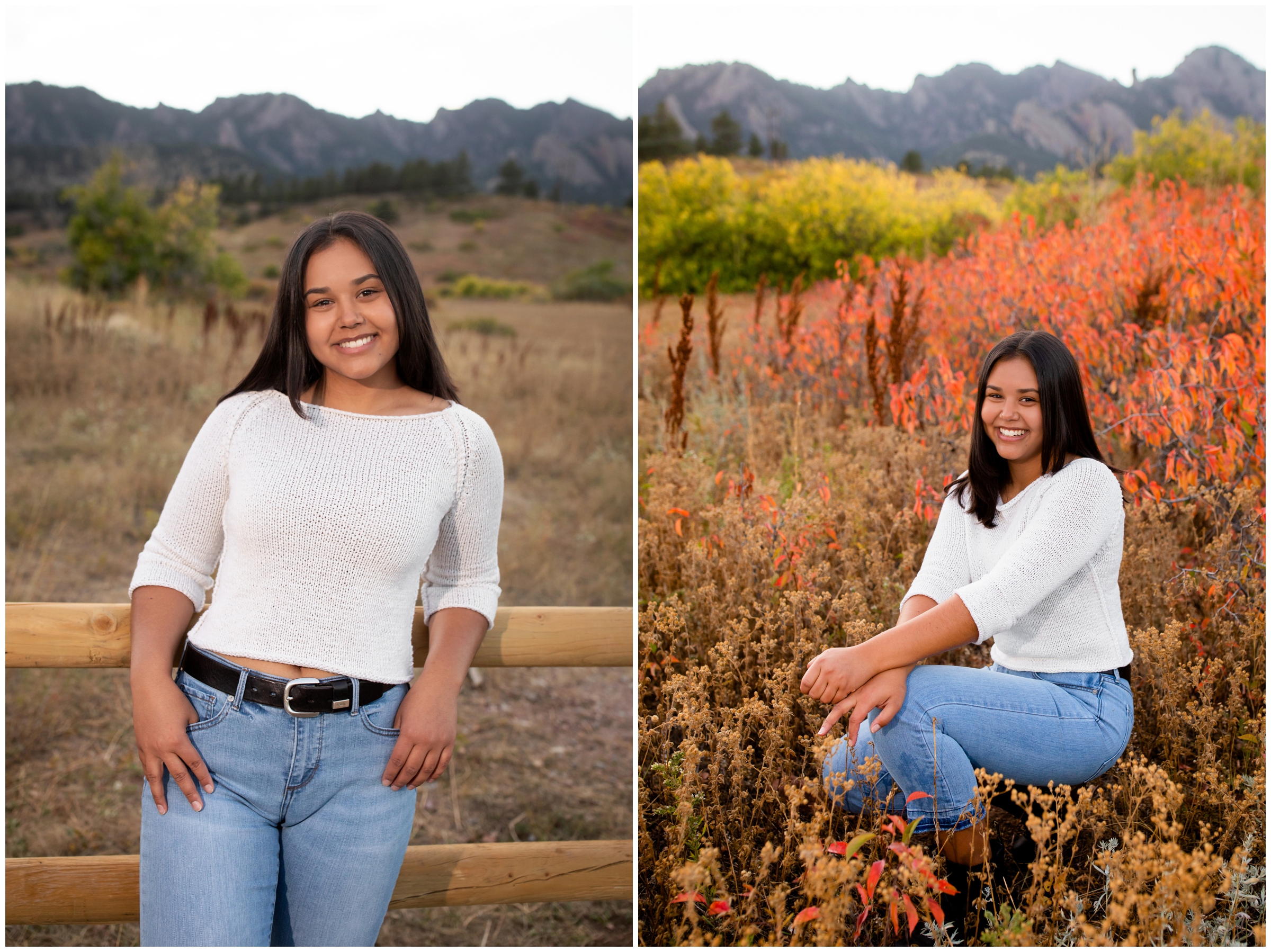 teen leaning against a fence with flatirons in background at South Mesa Trail Colorado senior photography session 