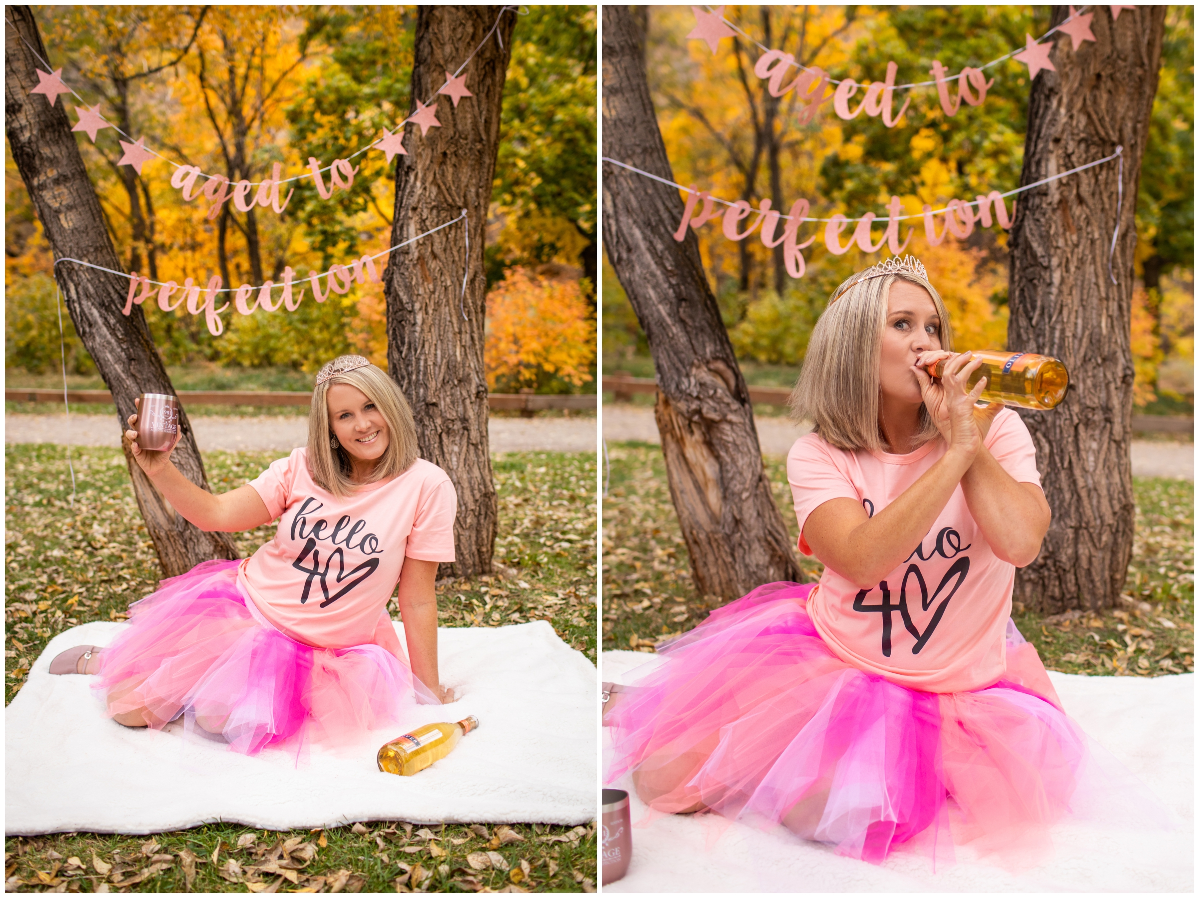 woman drinking from wine bottle during Colorado 40th birthday photoshoot in Lyons CO