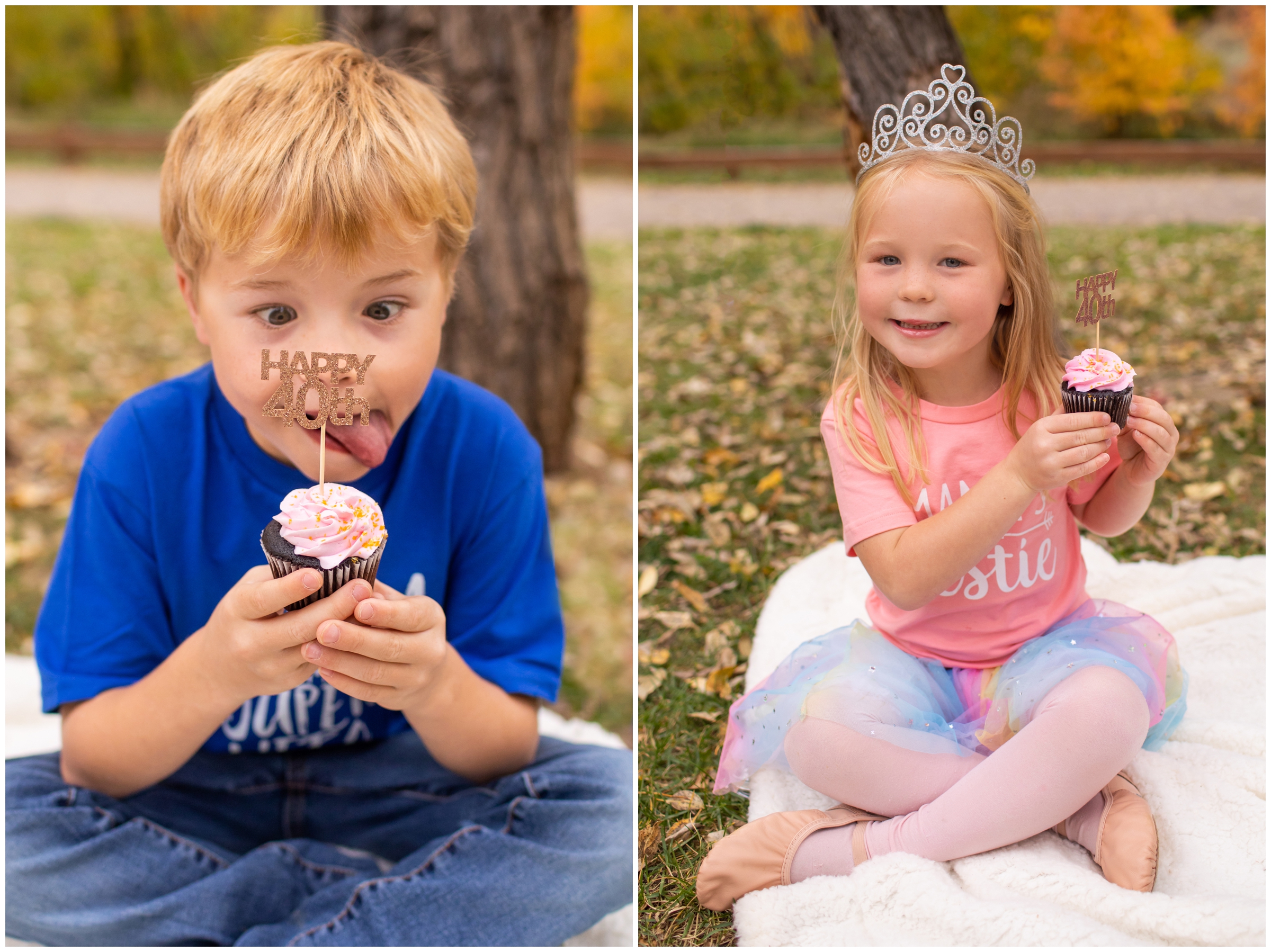 kids holding cupcakes during their mom's 40th birthday photoshoot in Lyons Colorado 