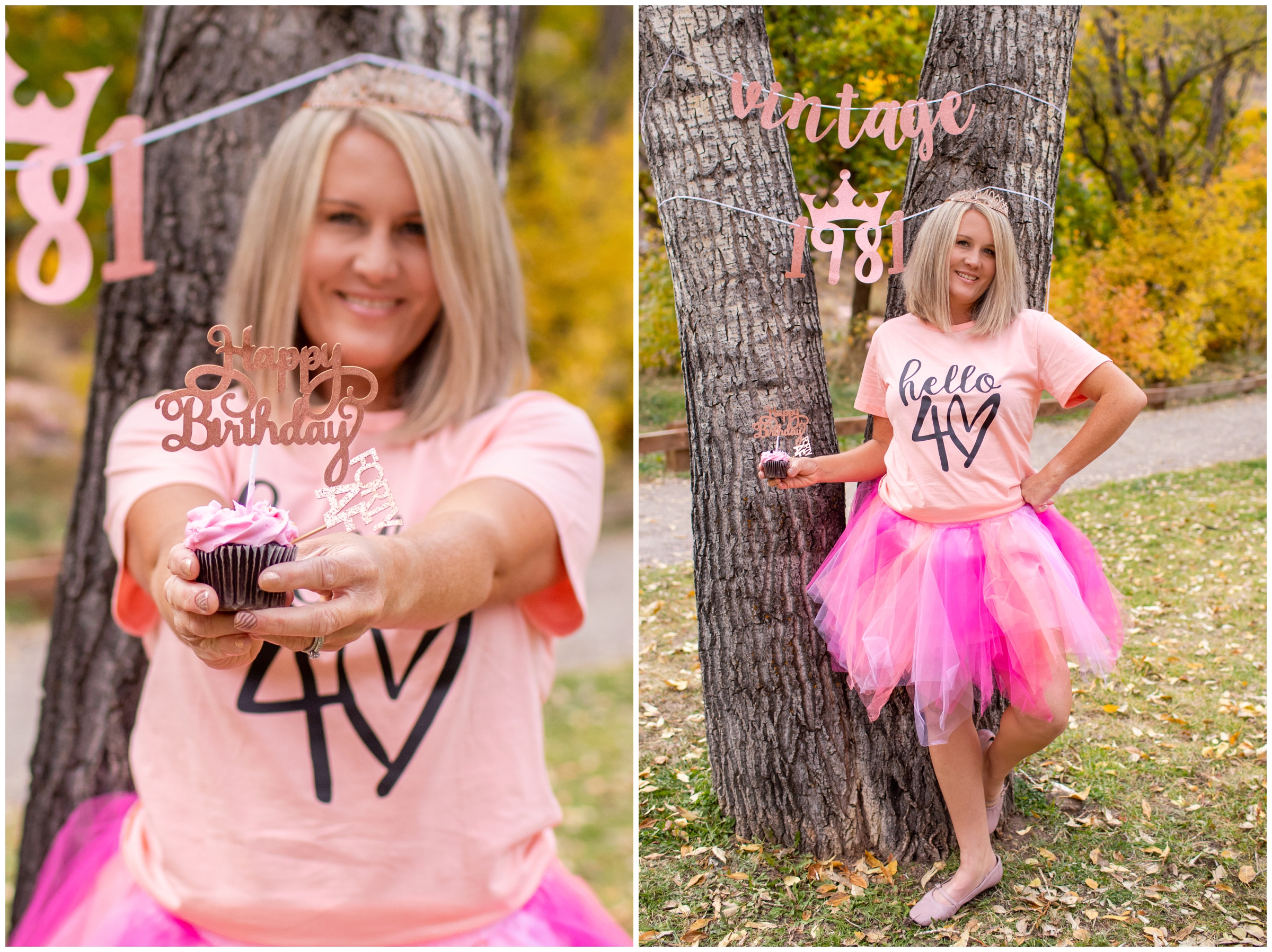 woman in tutu holding cupcake during 40th birthday photoshoot in Lyons Colorado