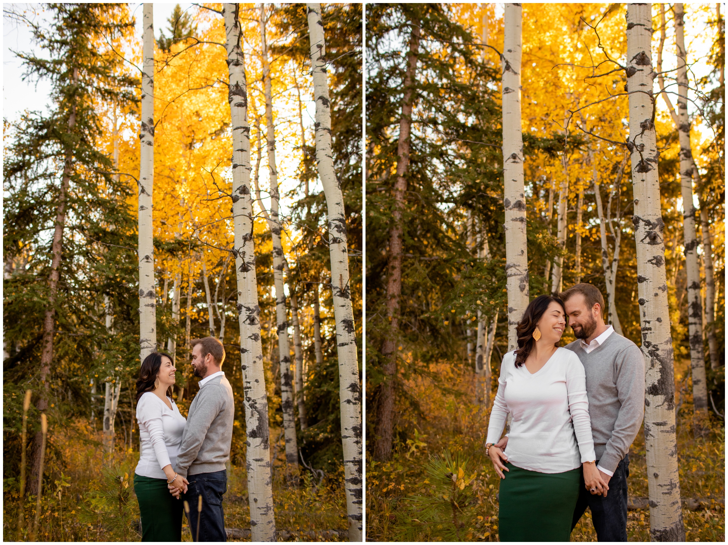 couple posing in aspen grove during Colorado fall engagement pictures 