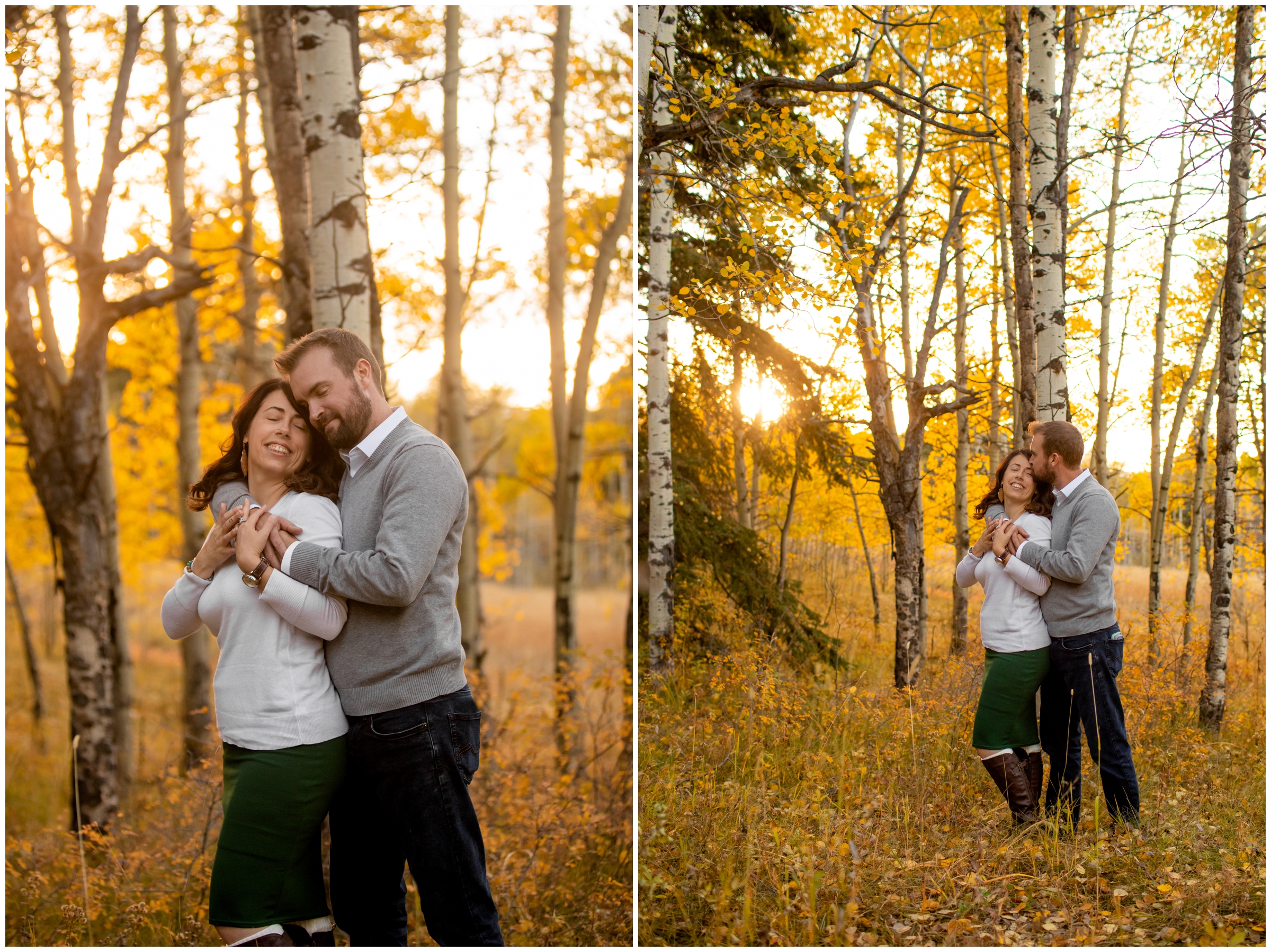 couple embracing in aspen grove during fall engagement portraits at Meyer Ranch Park in Colorado 