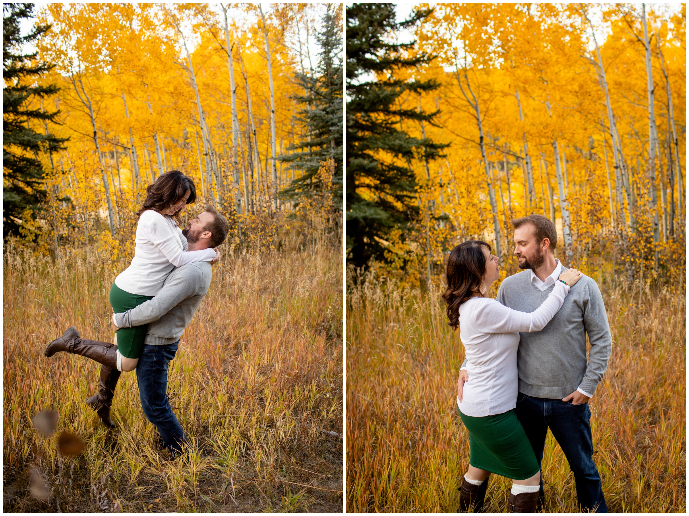 guy lifting fiancé during fall engagement photos in the Colorado mountains 
