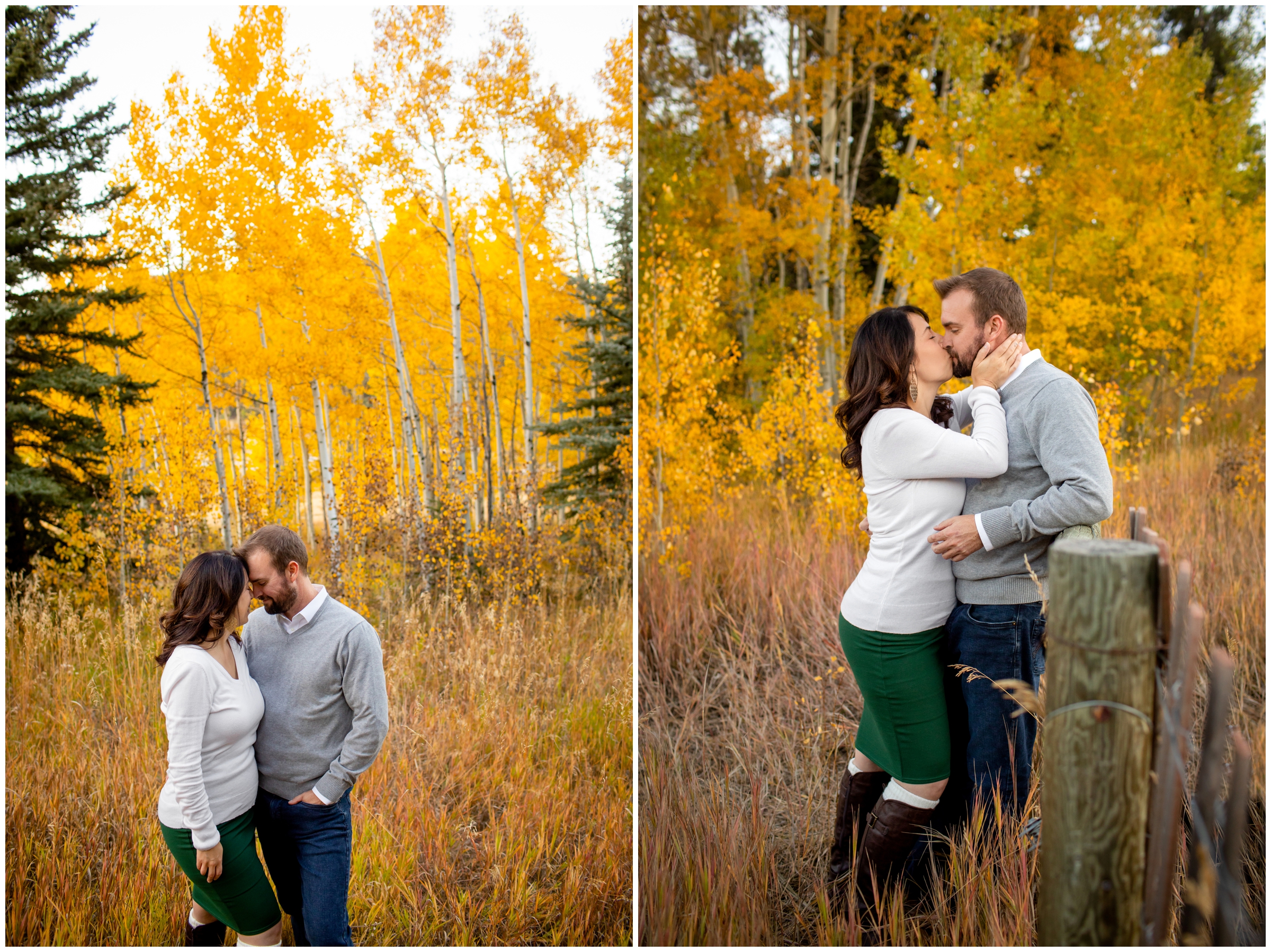 couple kissing with colorful fall foliage in background during Colorado fall engagement pictures 